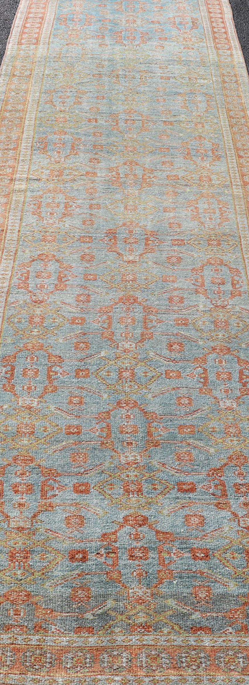  Antique Persian Long Runner with Blossoming Geometric Design in Light Blue For Sale 5