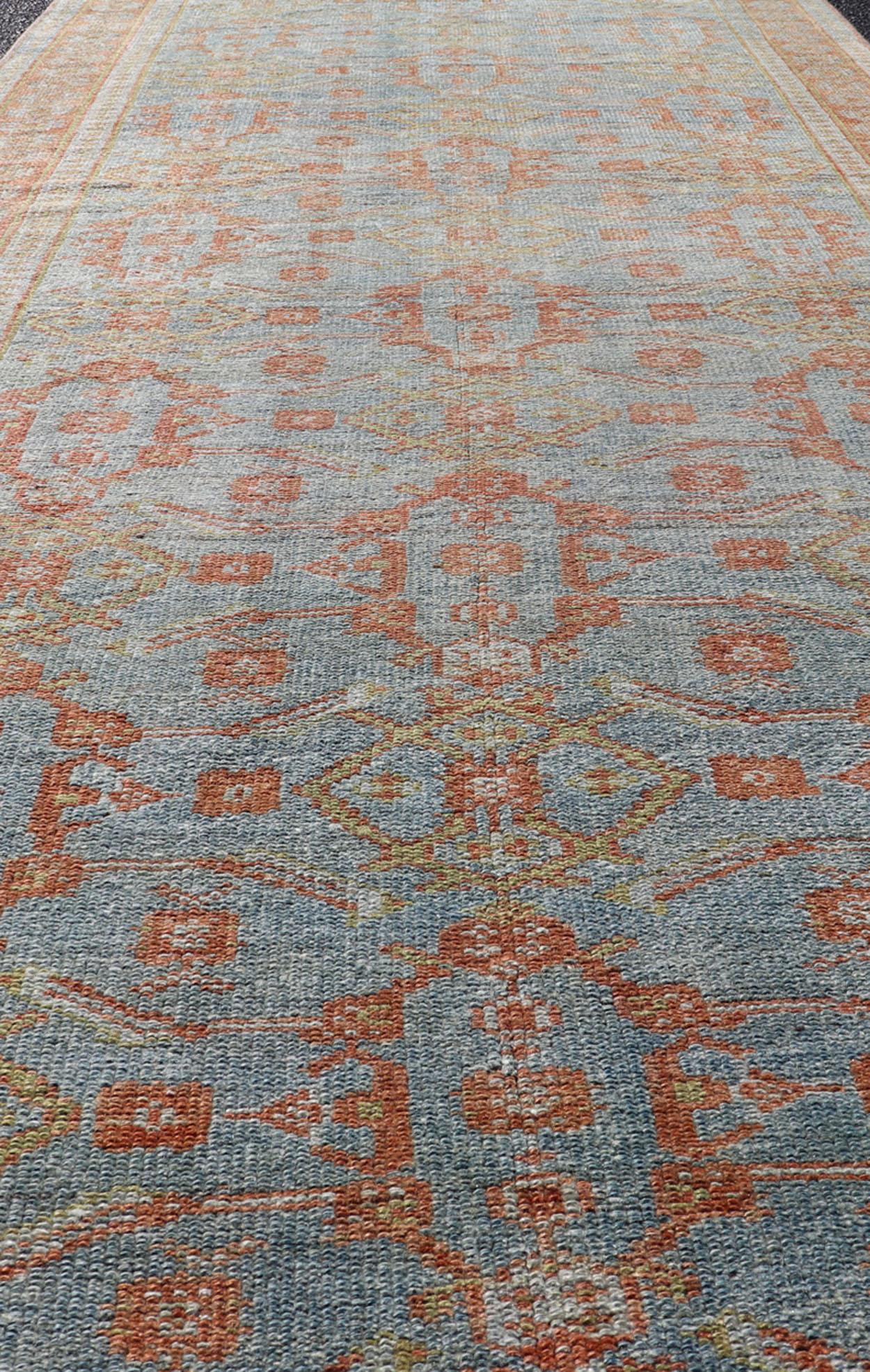  Antique Persian Long Runner with Blossoming Geometric Design in Light Blue For Sale 6