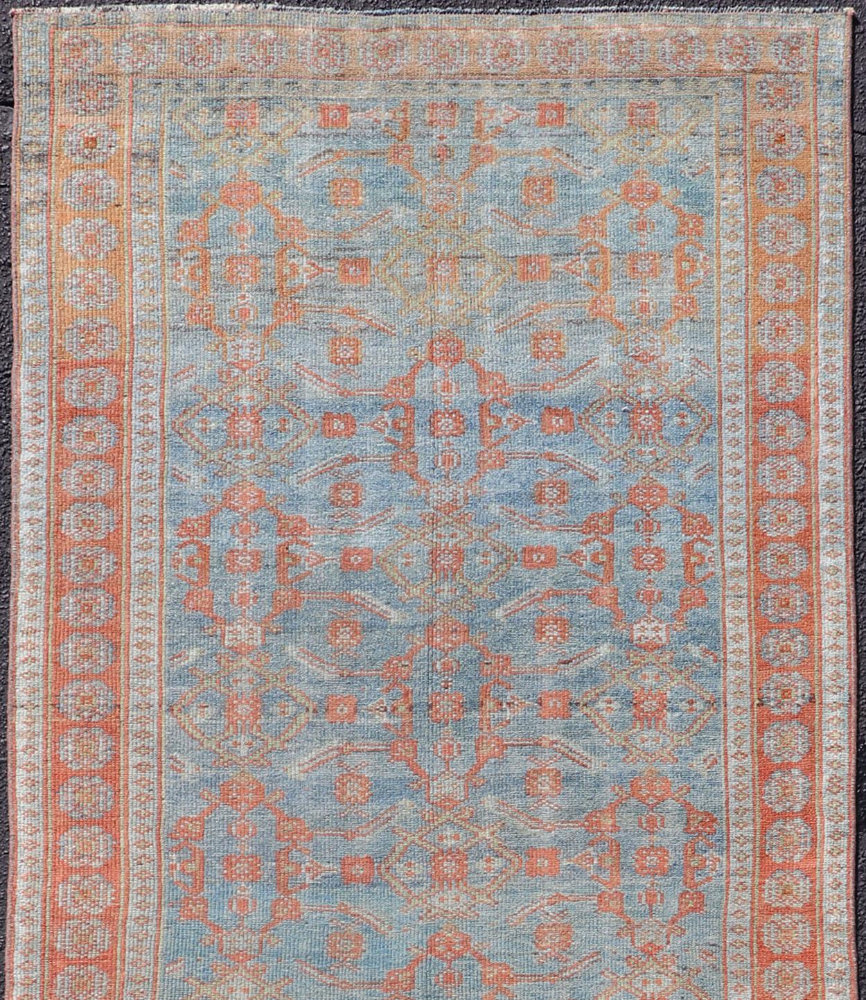 Sultanabad  Antique Persian Long Runner with Blossoming Geometric Design in Light Blue For Sale