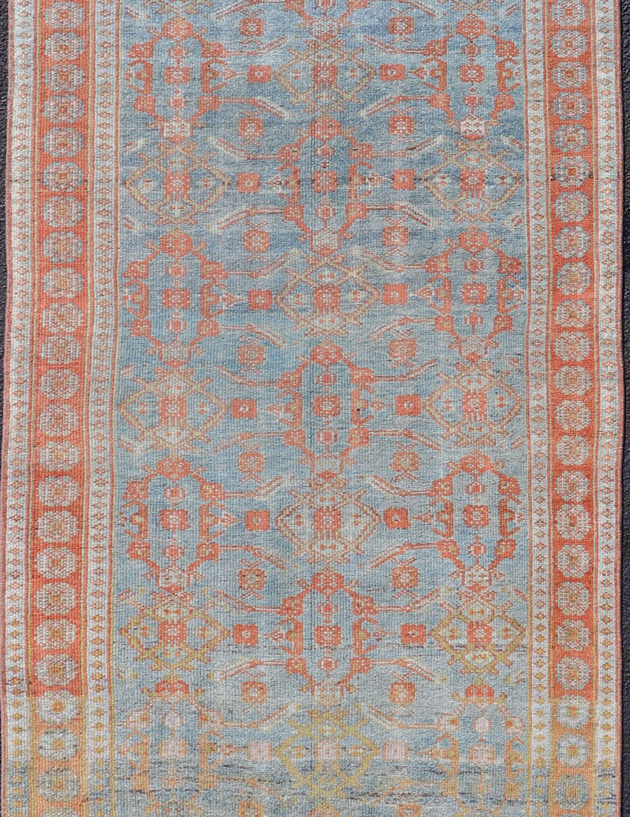 Hand-Knotted  Antique Persian Long Runner with Blossoming Geometric Design in Light Blue For Sale