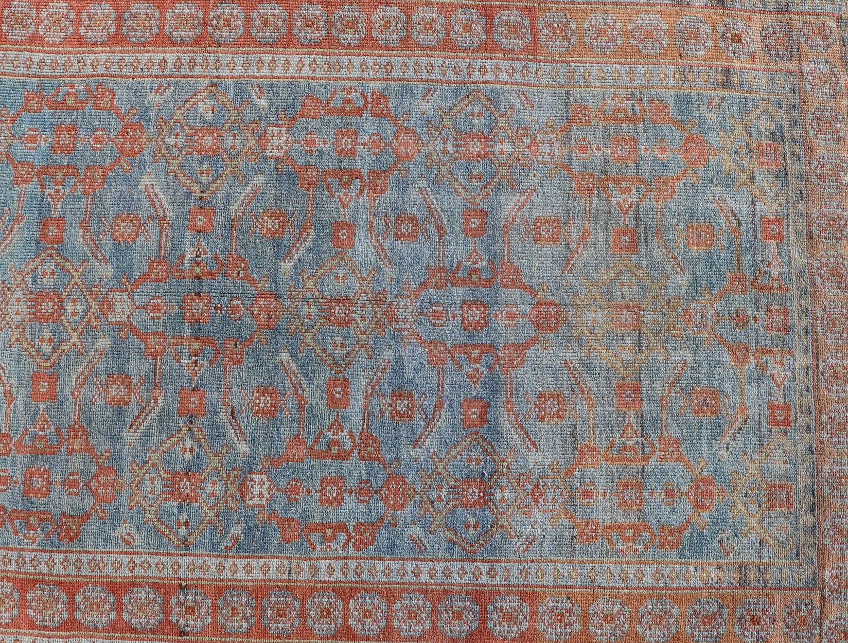  Antique Persian Long Runner with Blossoming Geometric Design in Light Blue In Good Condition For Sale In Atlanta, GA