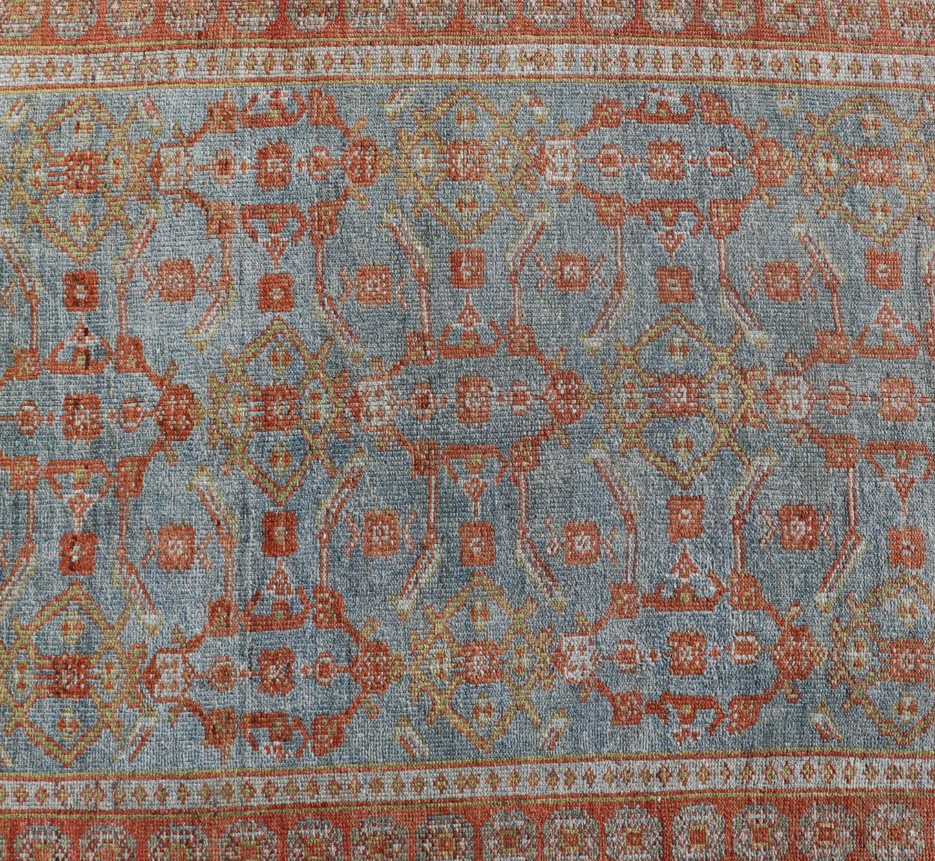 20th Century  Antique Persian Long Runner with Blossoming Geometric Design in Light Blue For Sale