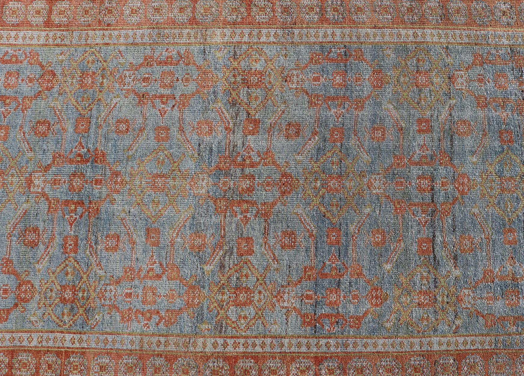 Wool  Antique Persian Long Runner with Blossoming Geometric Design in Light Blue For Sale