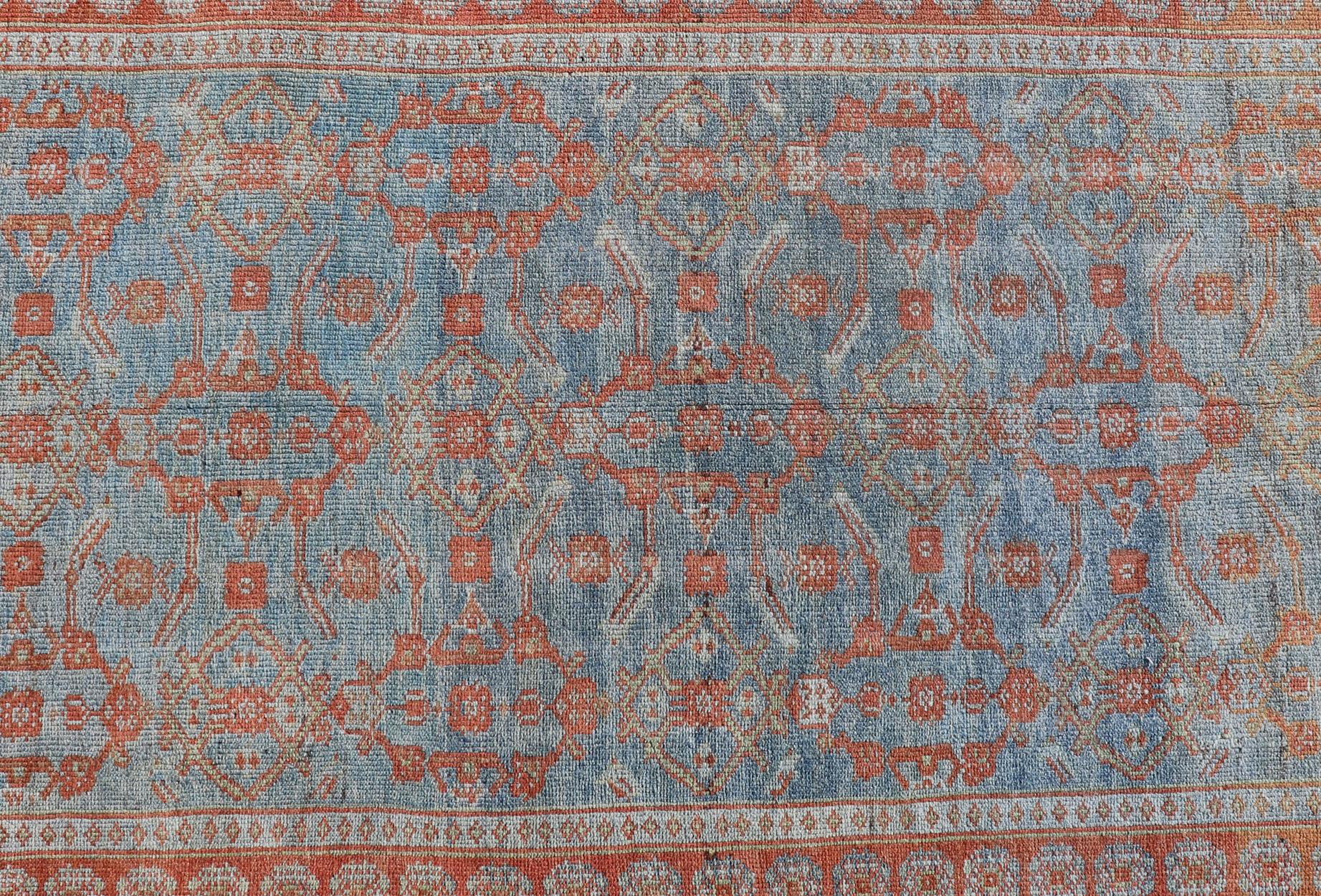  Antique Persian Long Runner with Blossoming Geometric Design in Light Blue For Sale 1