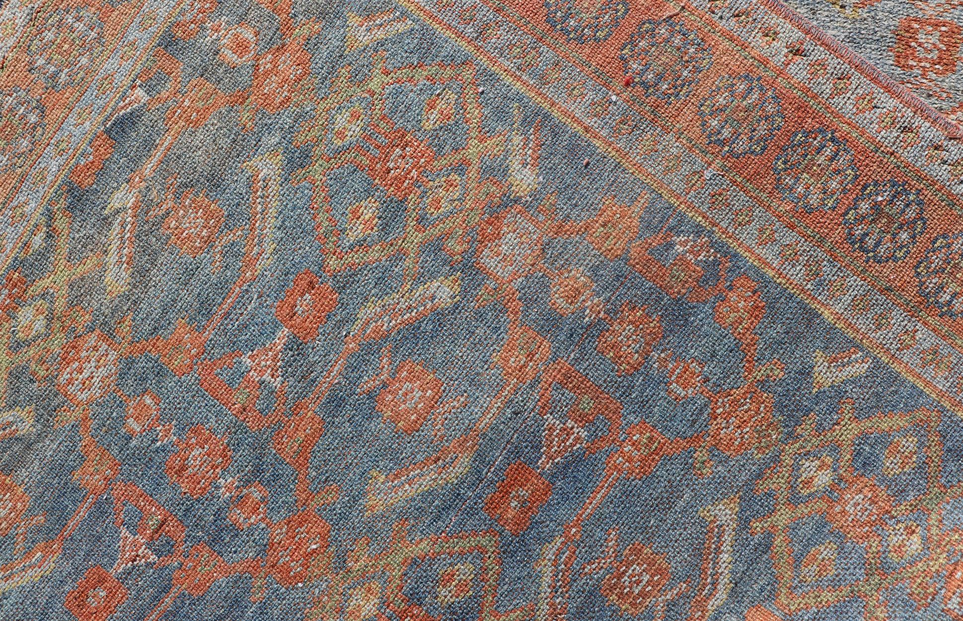  Antique Persian Long Runner with Blossoming Geometric Design in Light Blue For Sale 2