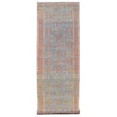 Antique Persian Long Runner with Blossoming Geometric Design in Light Blue