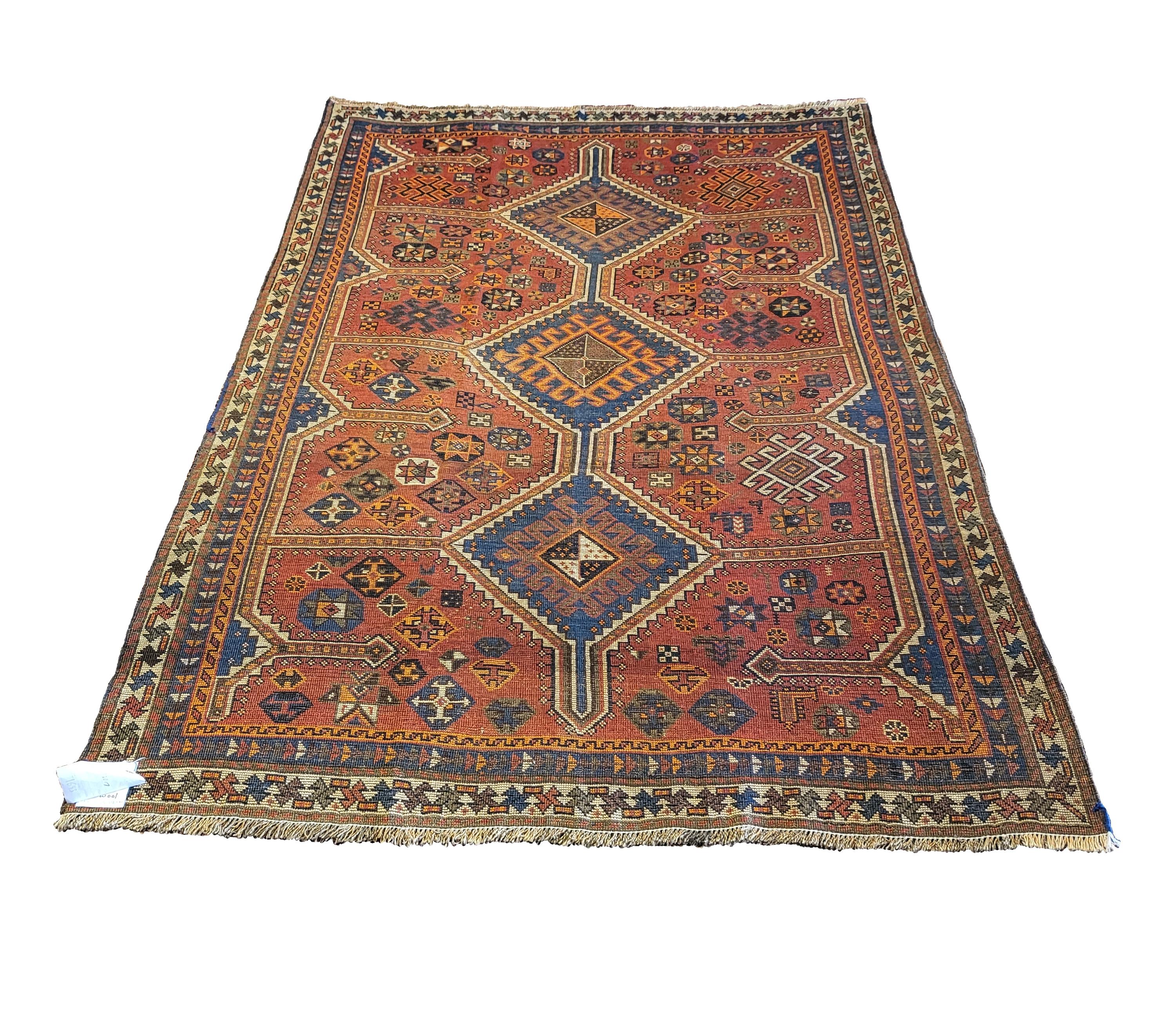Hand-Knotted Antique Persian Lori - Geometric Nomadic Rug - Rust / Orange and Blue For Sale