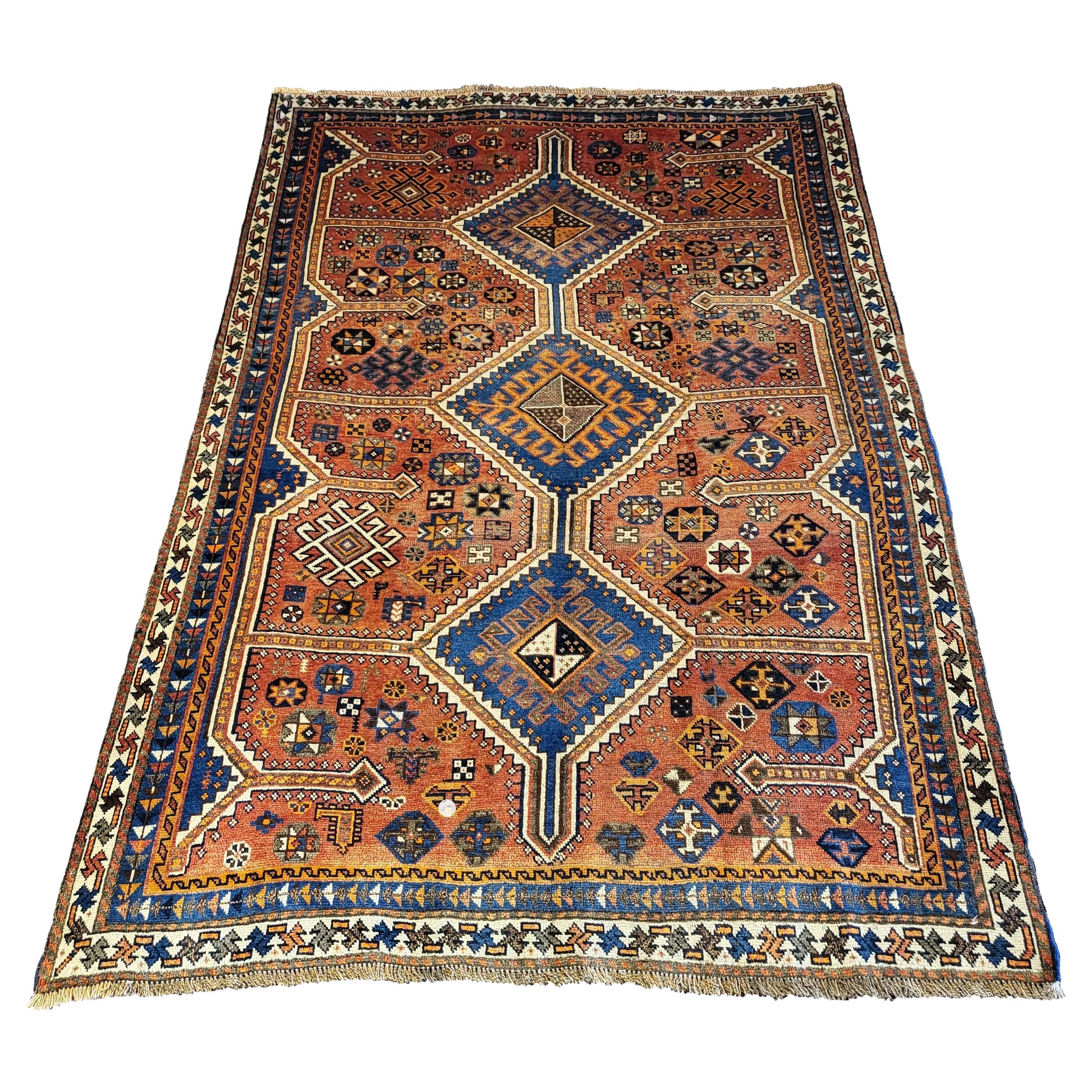 Ancien tapis persan Lori - Géométrique Nomadic - rouille / orange et bleu