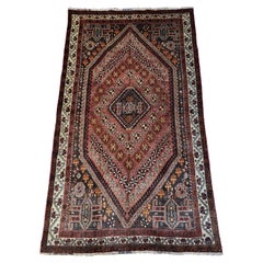 Ancien tapis persan Lori/ Qashqai, tribal géométrique - Maroon/Plume 
