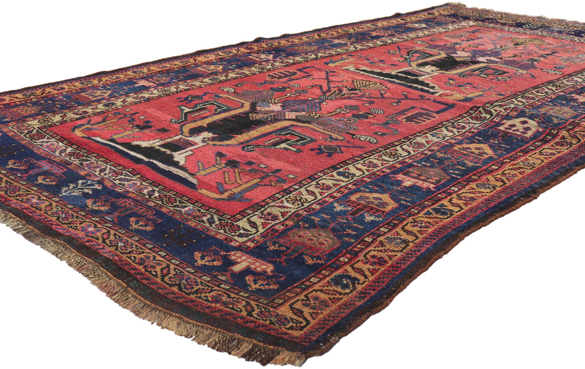 61219 Antique Persian Lori Rug with Vase Design, 04'10 x 08'06. Ce tapis Lori persan antique en laine noué à la main présente un captivant motif de vase qui reflète l'art et le profond symbolisme culturel des tisserands des tribus Lori. Au cœur du