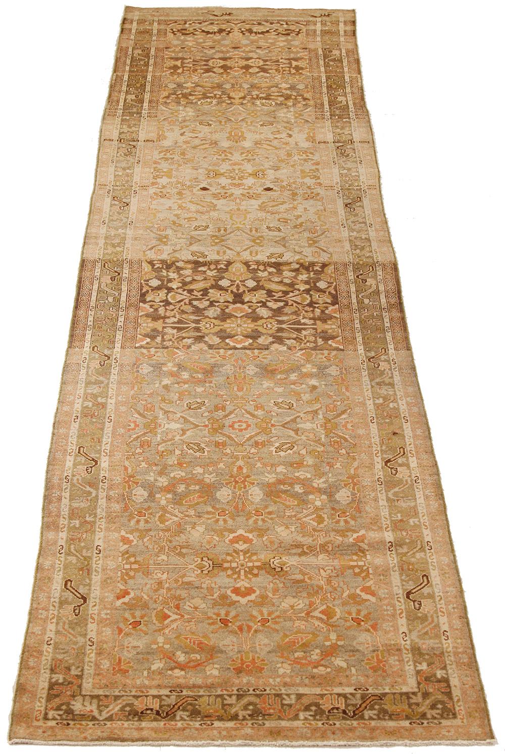 Antique Persian rug handwoven from the finest sheep’s wool and colored with all-natural vegetable dyes that are safe for humans and pets. It’s a traditional Mafrash design highlighted by brown and red botanical details over a mixed brown and beige