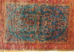 Antique Persian Mahadjeran Sarouk, Floral Design, Blue, Wool, Room Size, 1915