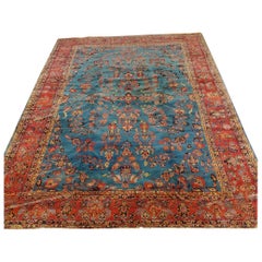 Antique Persian Mahadjeran Sarouk, Floral Design, Blue, Wool, Room Size, 1915