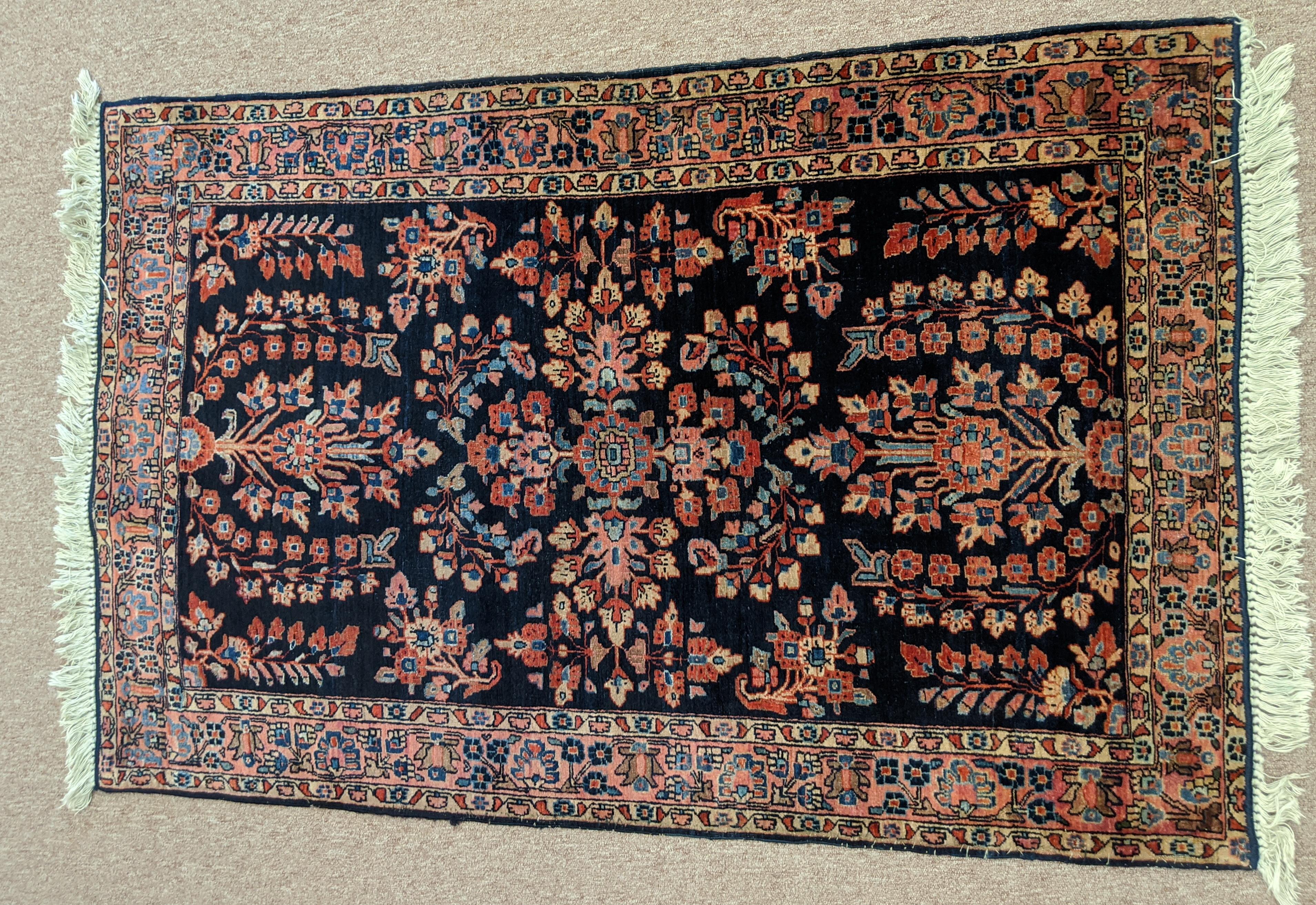 Asian Antique Persian Mahadjeran Sarouk, Floral Design, Navy, Wool, Scatter Size, 1915 For Sale