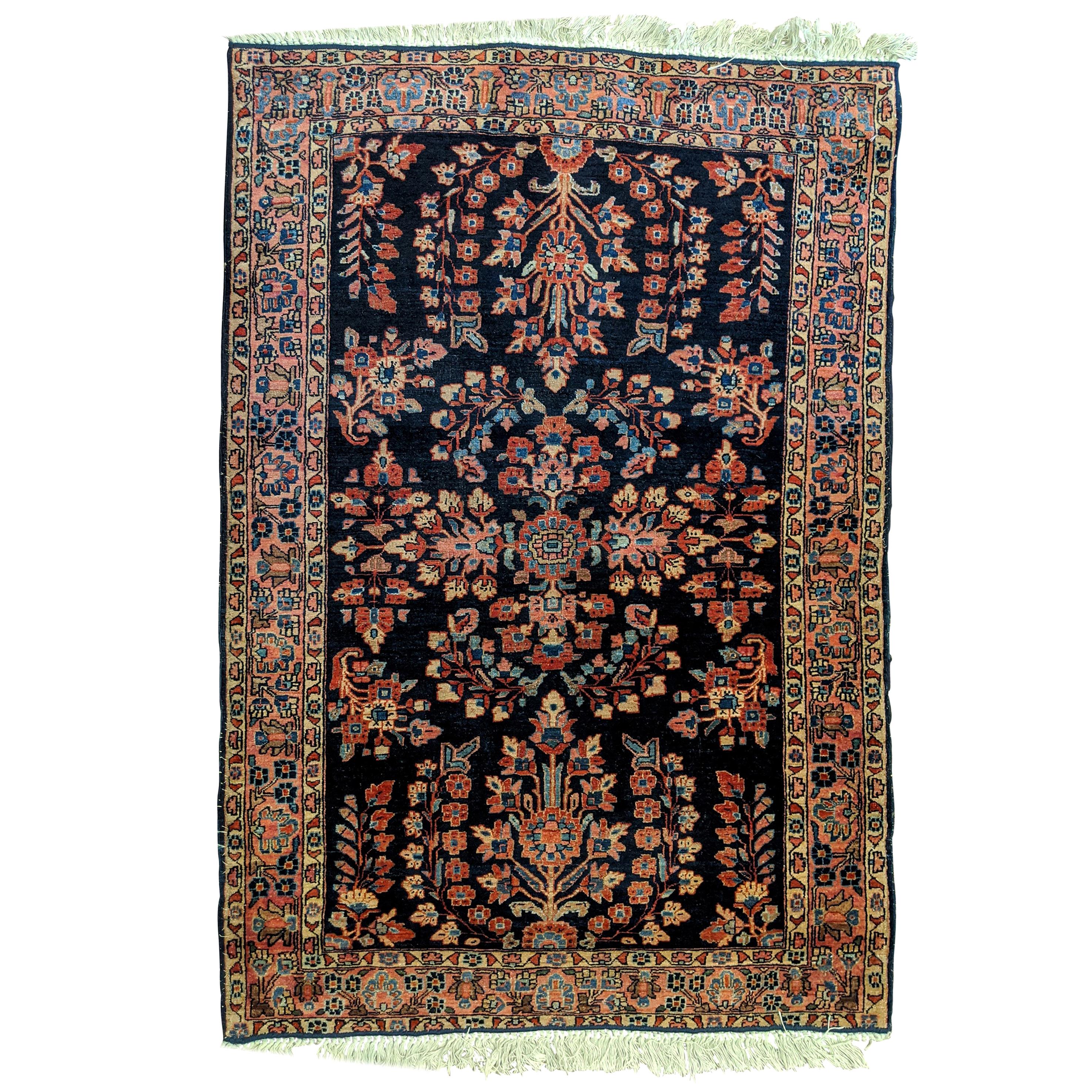 Antique Persian Mahadjeran Sarouk, Floral Design, Navy, Wool, Scatter Size, 1915 For Sale