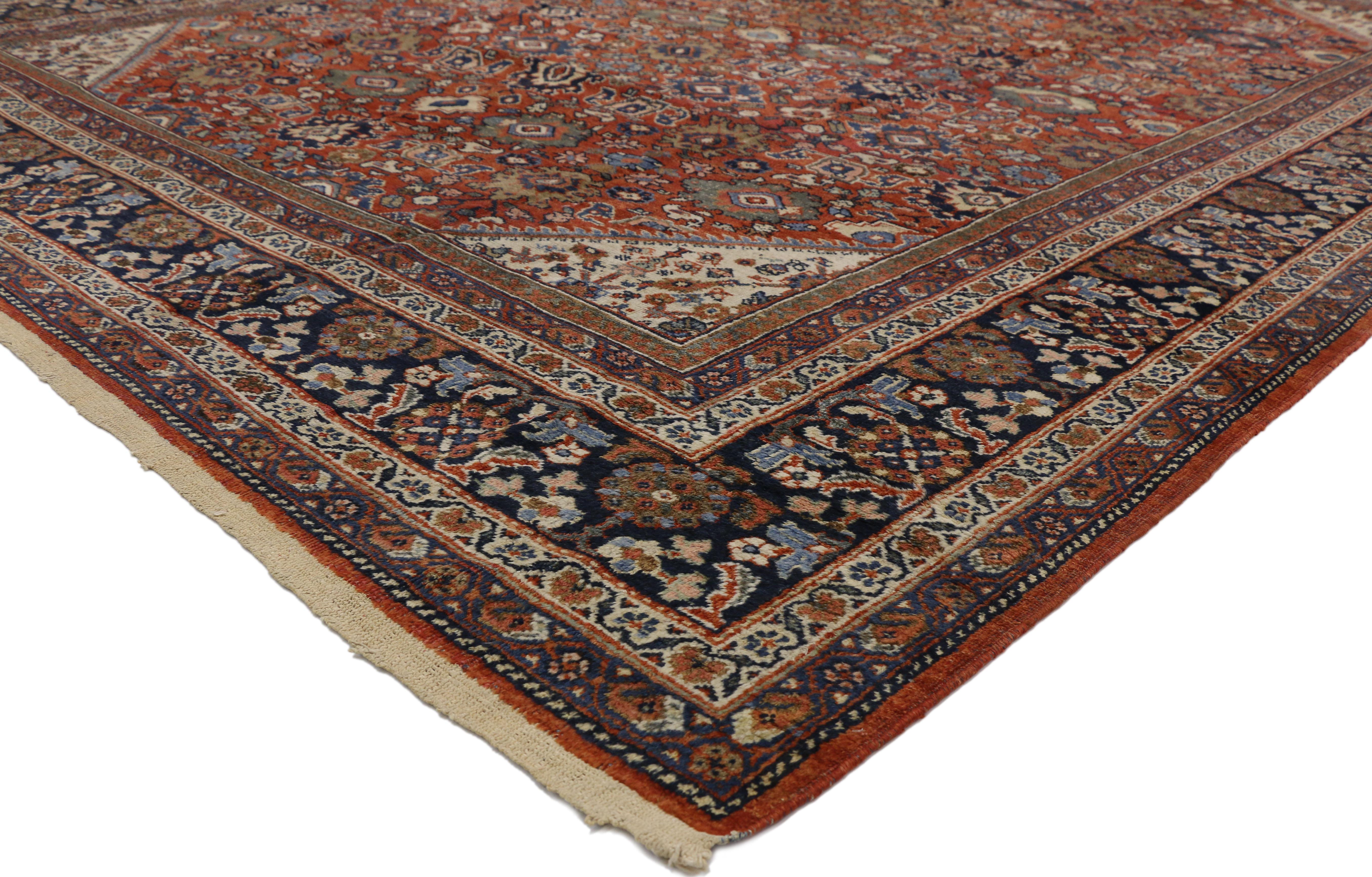 73333 Antique Persian Mahal Area Rug with Federal and American Colonial Style 09'03 X 12'00. Displaying intricate details and well-balanced symmetry, this hand knotted wool antique Persian Mahal rug beautifully embodies Federal and American Colonial