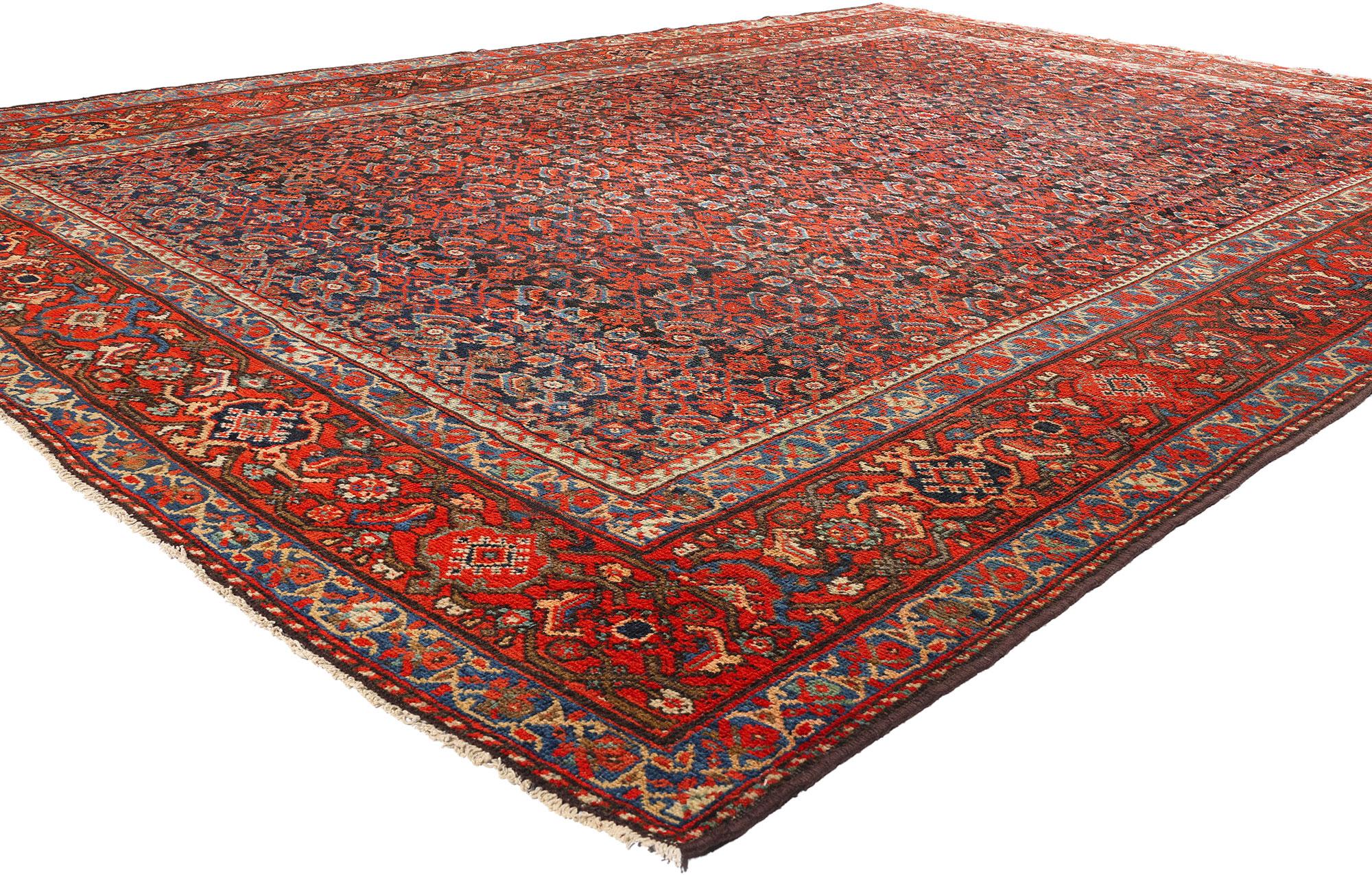 90013 Tapis persan ancien Mahal, 10'01 x 13'10. Entrez dans un monde de beauté intemporelle avec ce tapis persan antique Mahal en laine nouée à la main, un chef-d'œuvre qui combine sans effort un design complexe avec un riche symbolisme. Le motif du