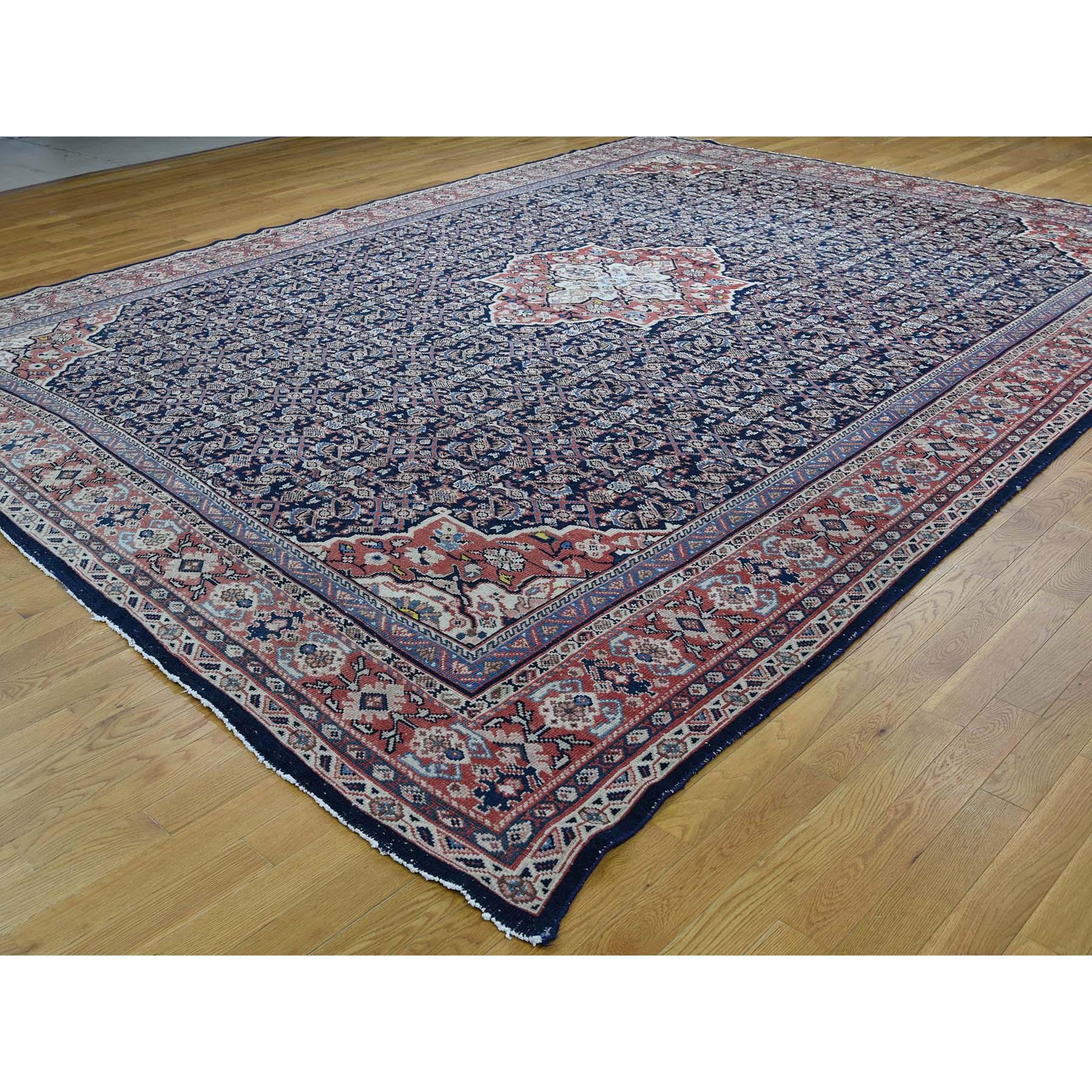Antique Persian Mahal Even Wear Navy Blue Hand-Knotted Oriental Rug In Good Condition In Carlstadt, NJ