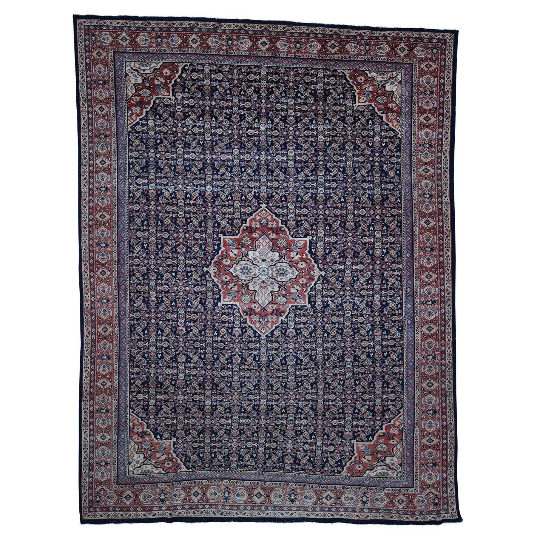 Antique Persian Mahal Even Wear Navy Blue Hand-Knotted Oriental Rug