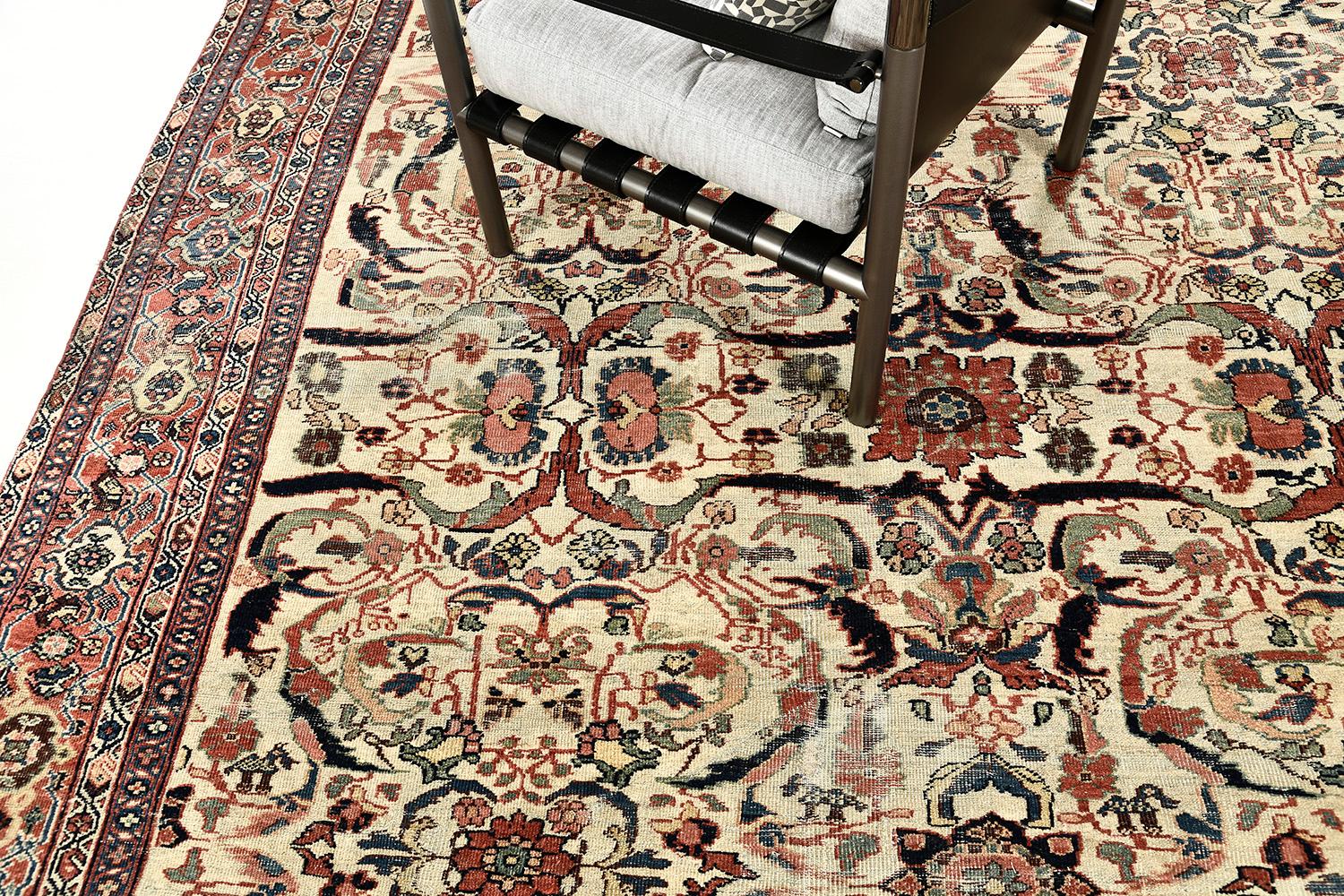 This majestic Mahal rug has created an impressive pattern. A well-coordinated earth-tone and terracotta accents play a big role in this palette. This elegant rug is composed of enchanting florid elements forming different grandiose medallions that