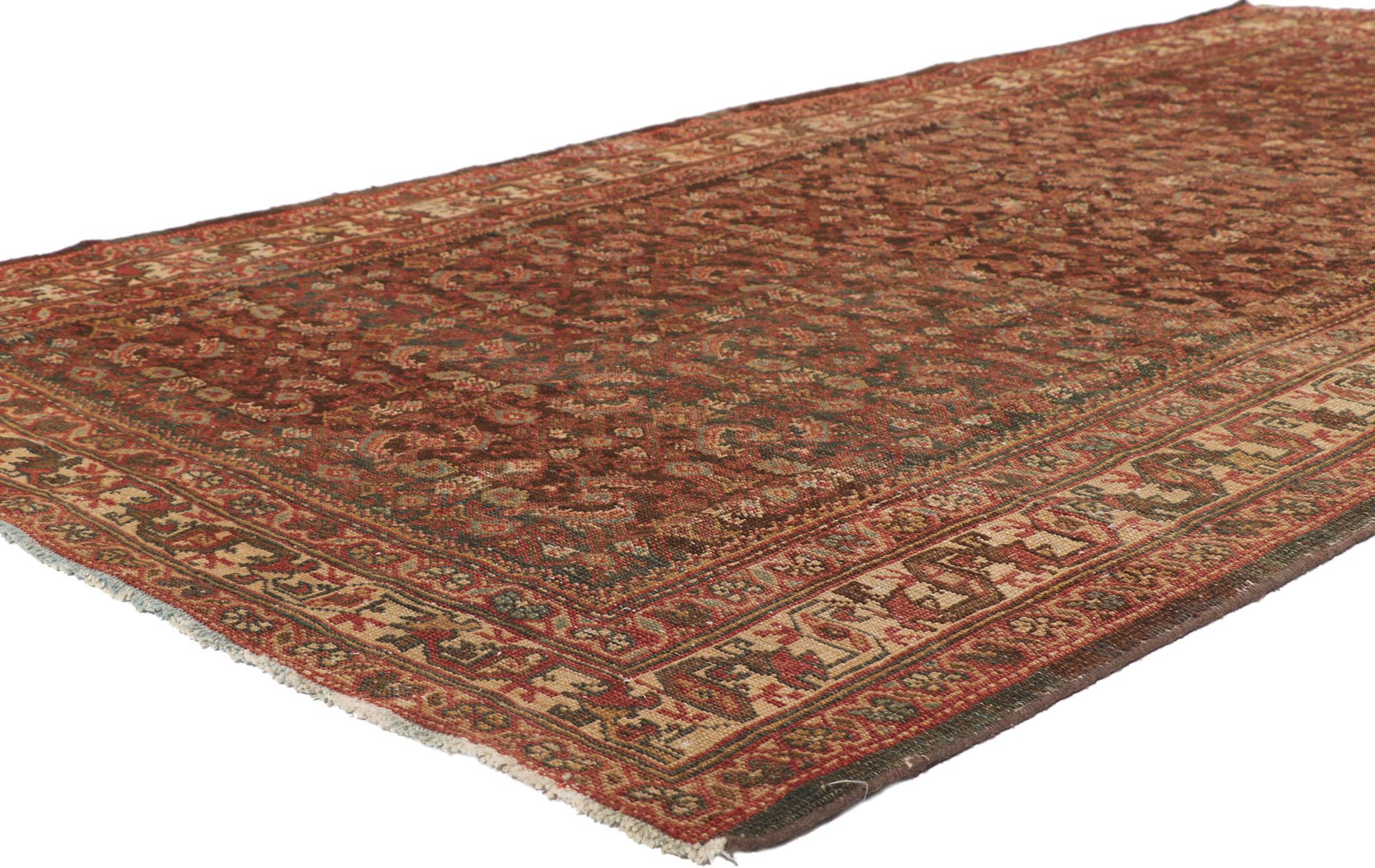 53755 antique Persian Mahal Gallery Rug 05'03 x 09'11. Emanating sophistication and nomadic charm with rustic sensibility, this hand knotted wool antique Persian Mahal rug beautifully embodies a Mid-Century Modern style. The striated and abrashed