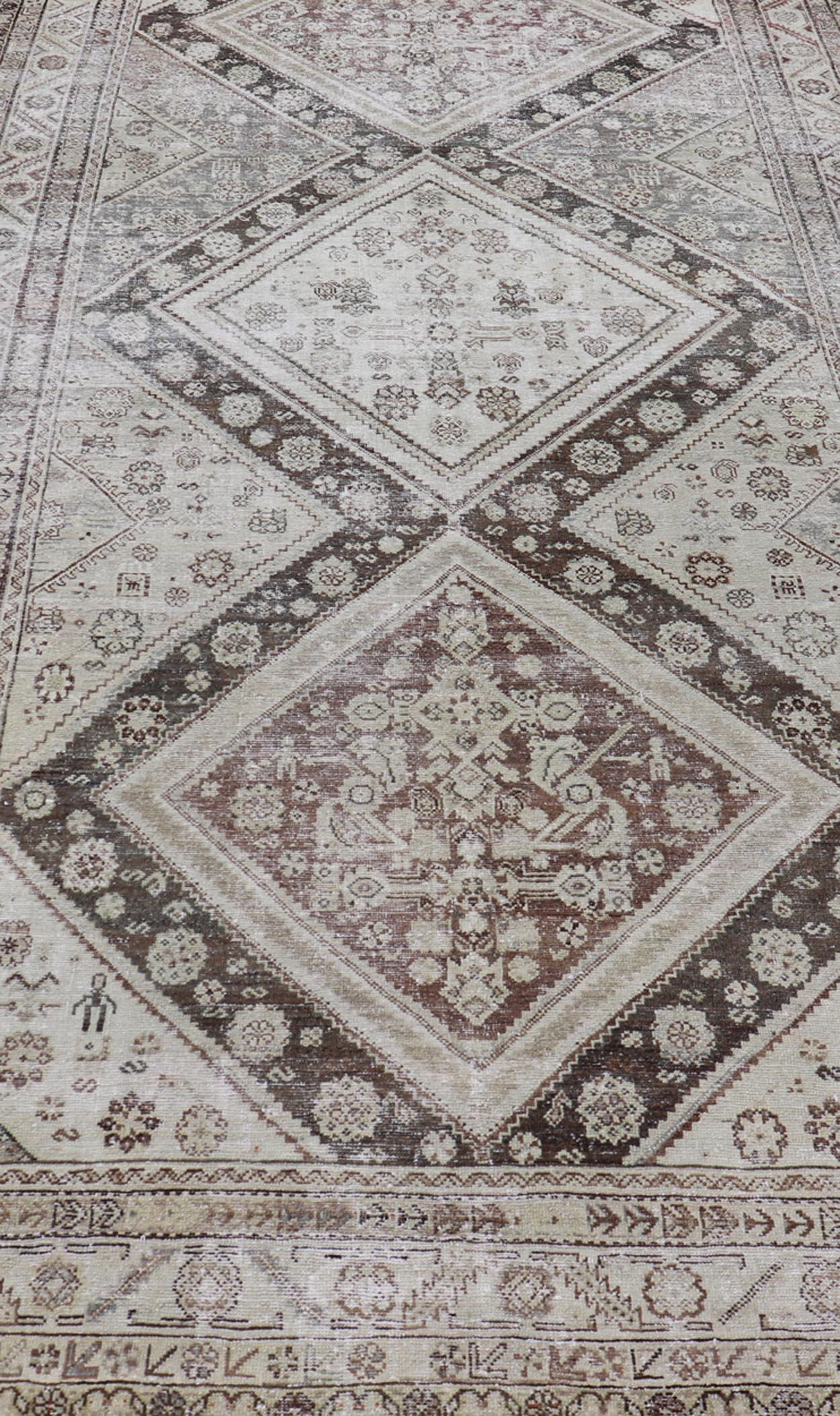 Antique Persian Mahal Gallery Rug with Medallion Design in Cream and Browns For Sale 5