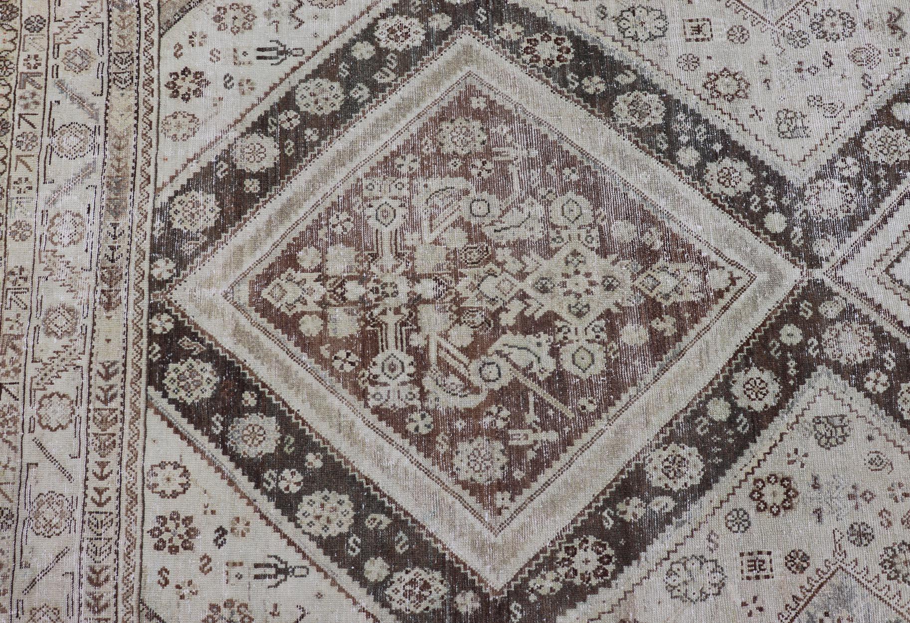 Hand-Knotted Antique Persian Mahal Gallery Rug with Medallion Design in Cream and Browns For Sale
