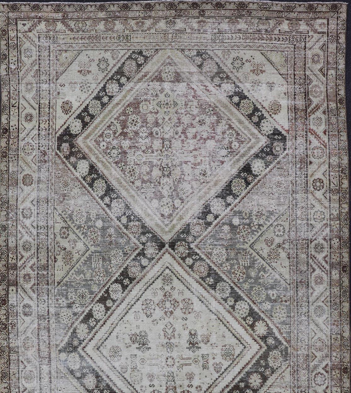 Antique Persian Mahal Gallery Rug with Medallion Design in Cream and Browns For Sale 1