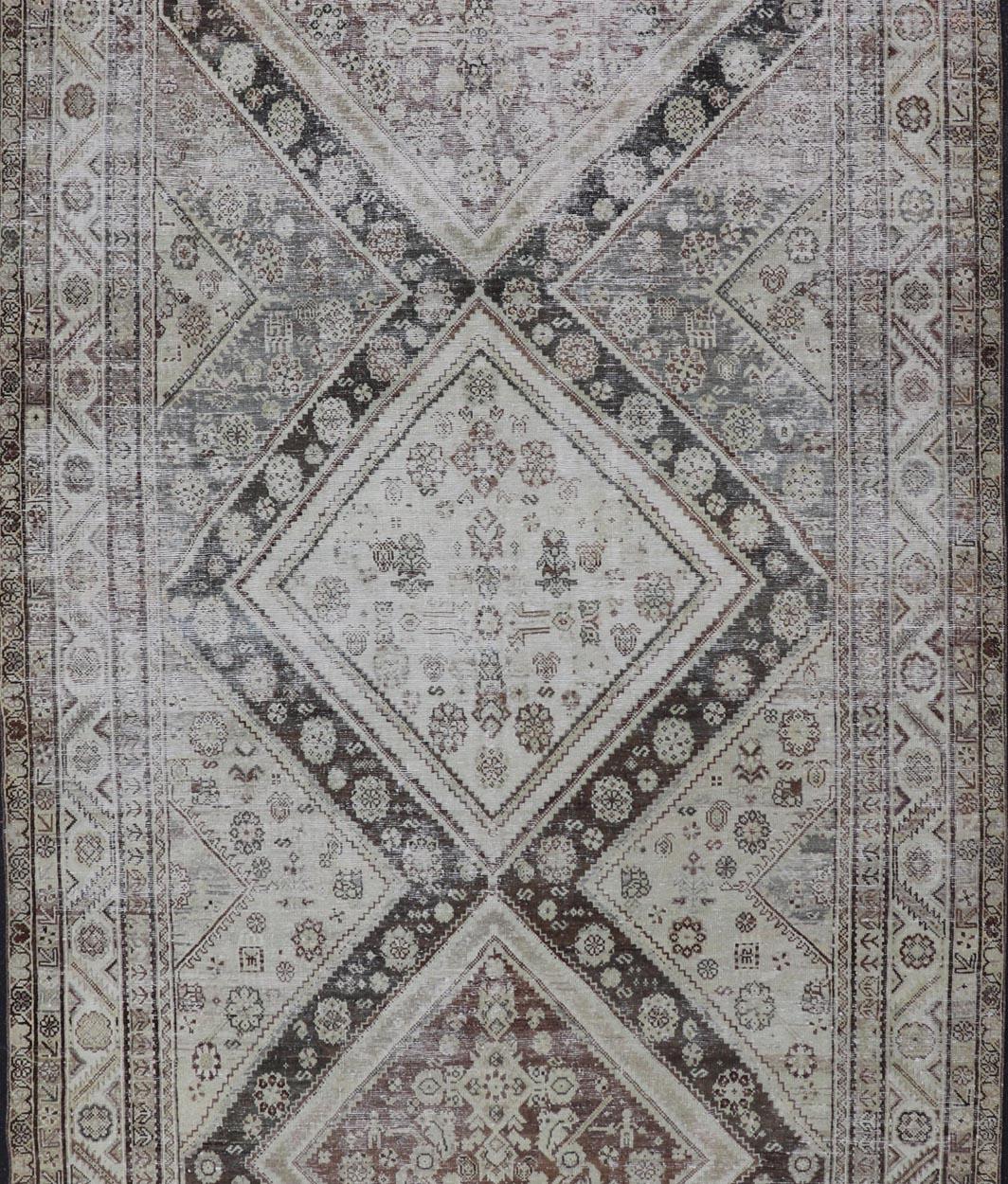 Antique Persian Mahal Gallery Rug with Medallion Design in Cream and Browns For Sale 2