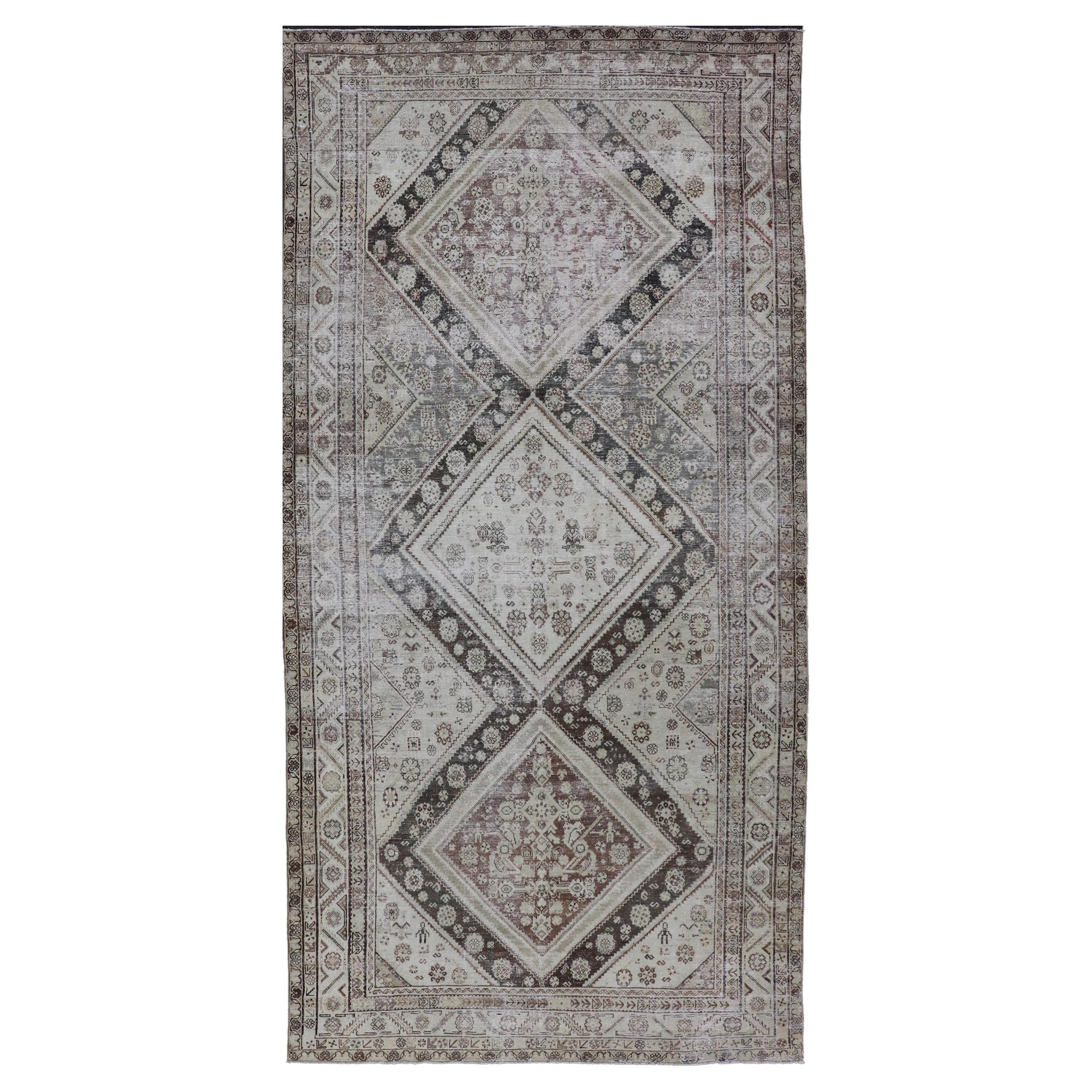 Antique Persian Mahal Gallery Rug with Medallion Design in Cream and Browns