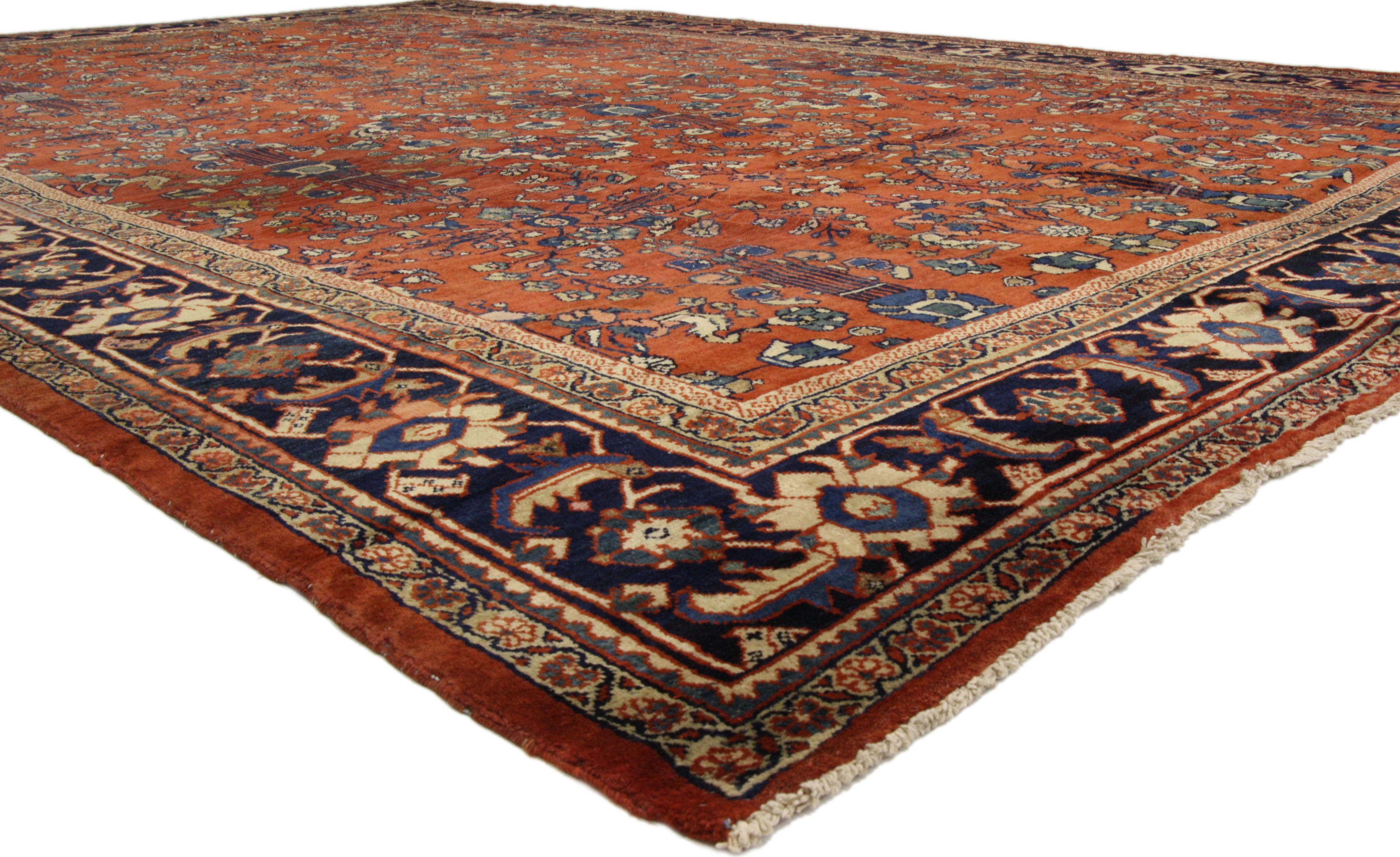 73360 Antique Persian Mahal Rug, 11'01 x 17'07. Persian Mahal rugs, originating from the Mahallat region in central Northwestern Iran, are renowned for their distinctive features and unparalleled craftsmanship. These rugs boast bold geometric