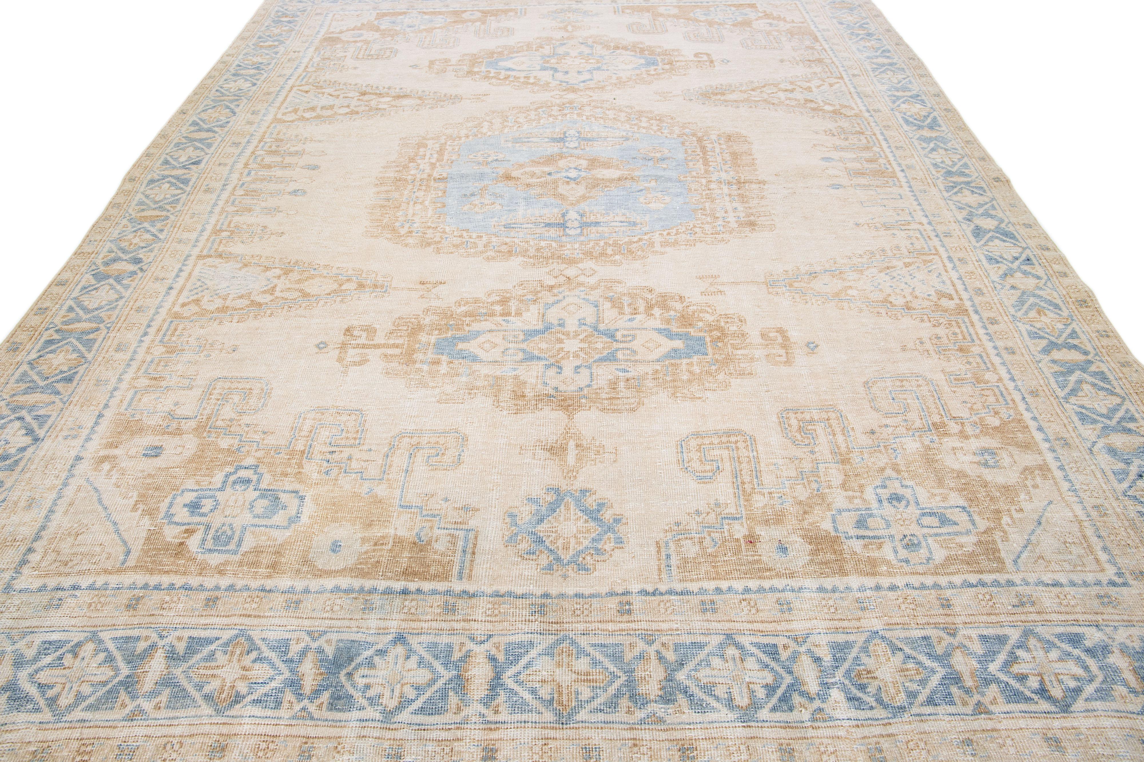 Islamic Antique Persian Mahal Handmade Beige & Blue Wool Rug with Tribal Design For Sale