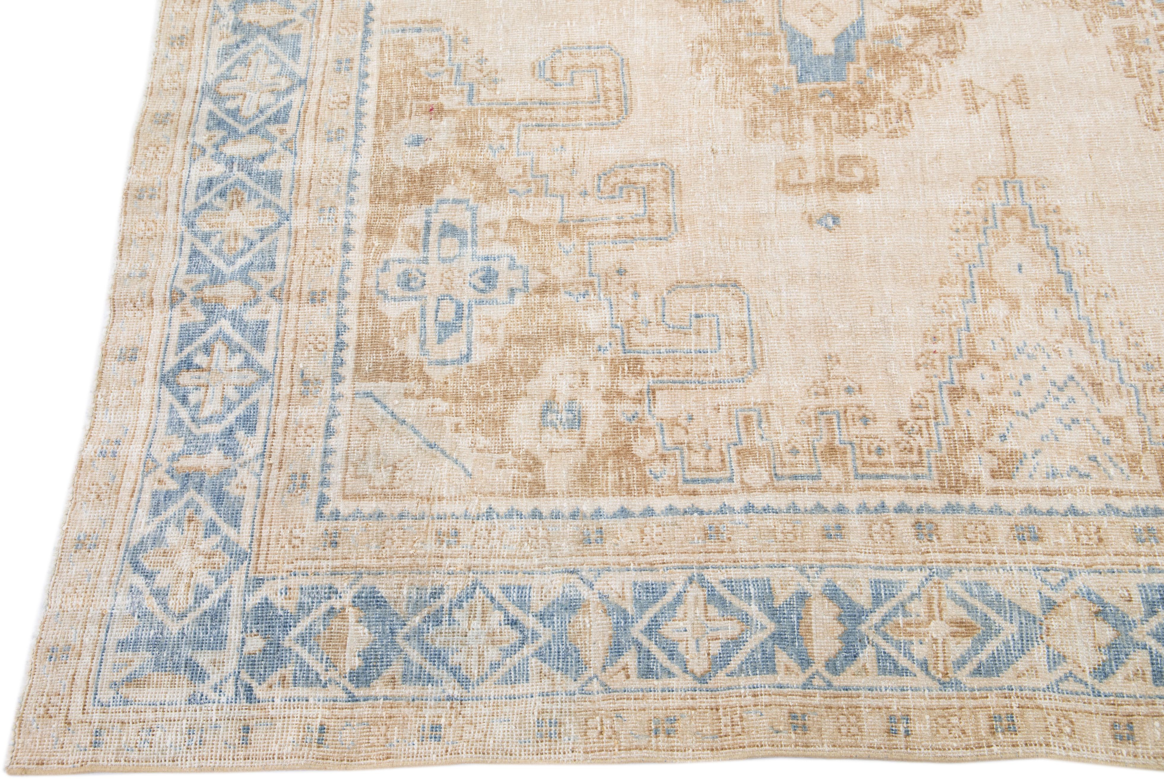 Hand-Knotted Antique Persian Mahal Handmade Beige & Blue Wool Rug with Tribal Design For Sale