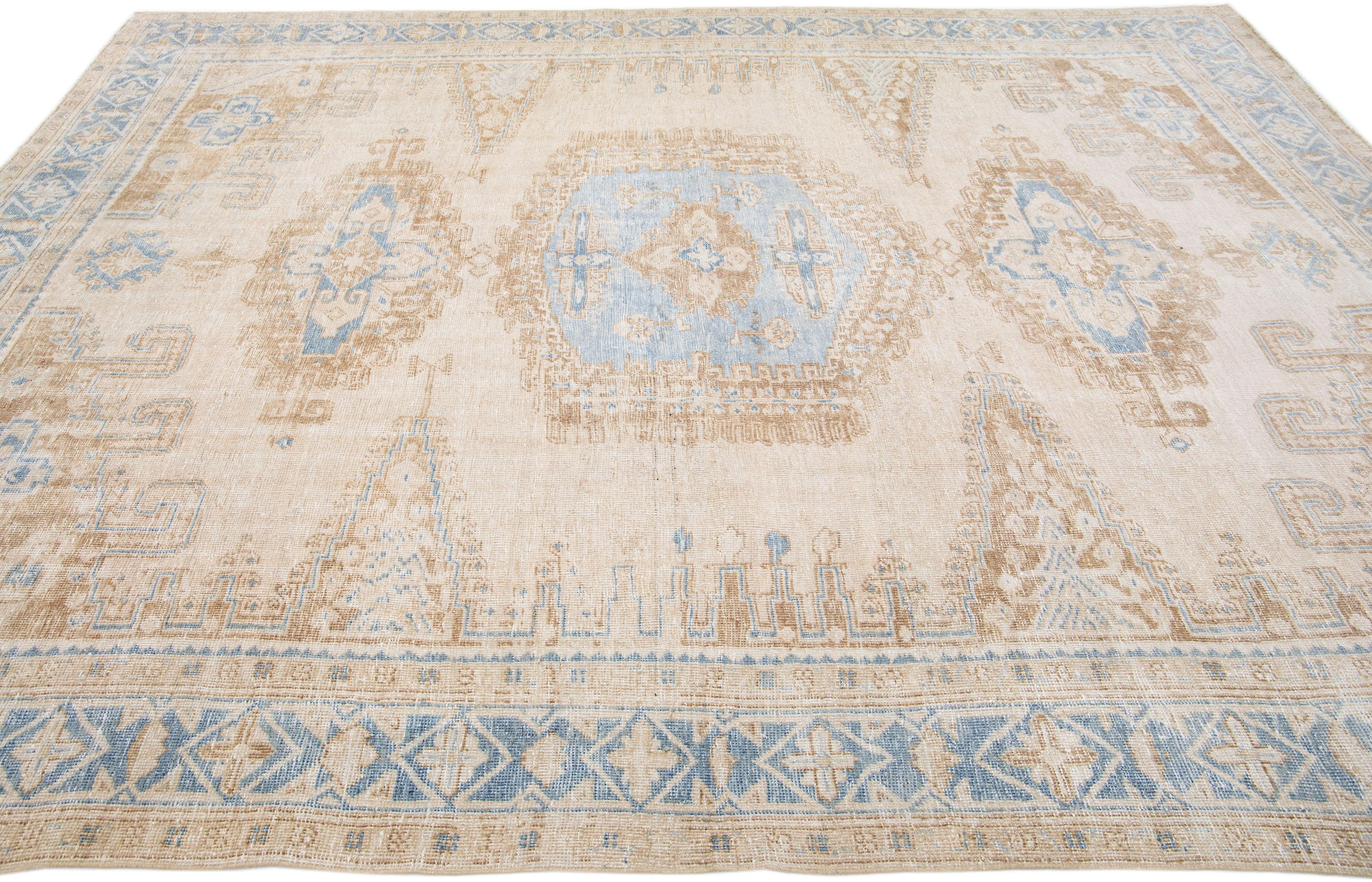 Antique Persian Mahal Handmade Beige & Blue Wool Rug with Tribal Design In Good Condition For Sale In Norwalk, CT