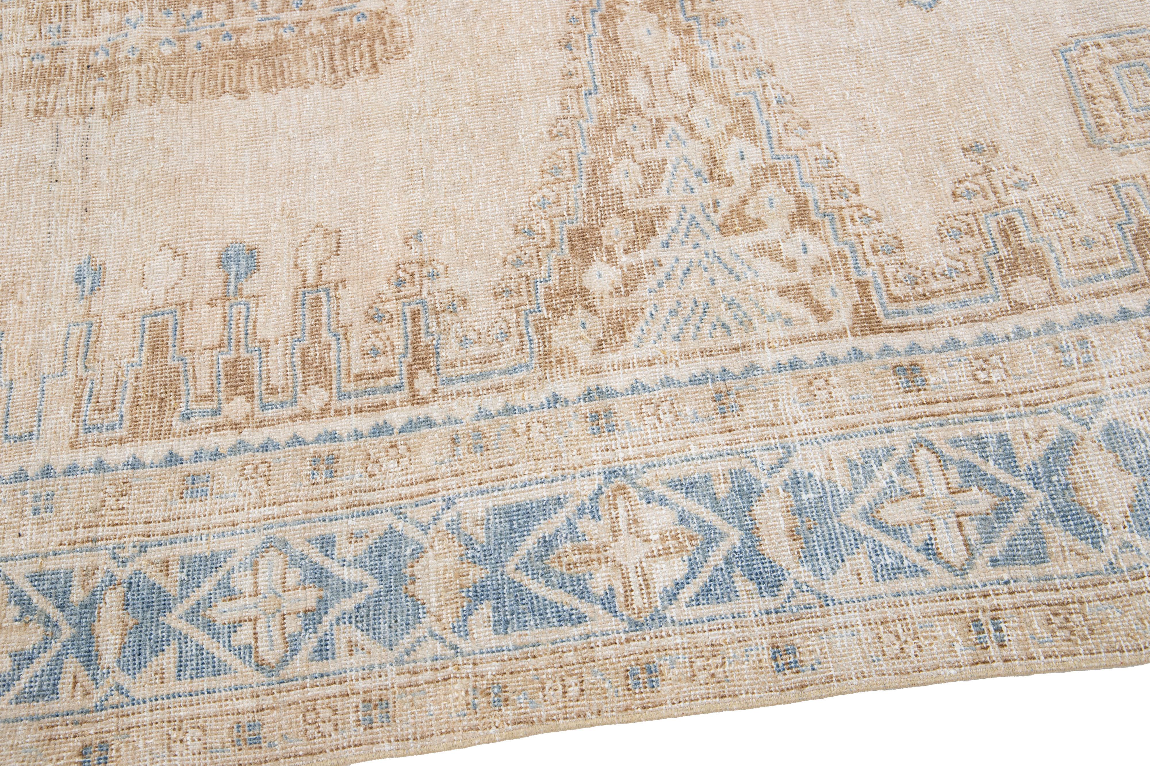 Antique Persian Mahal Handmade Beige & Blue Wool Rug with Tribal Design For Sale 1