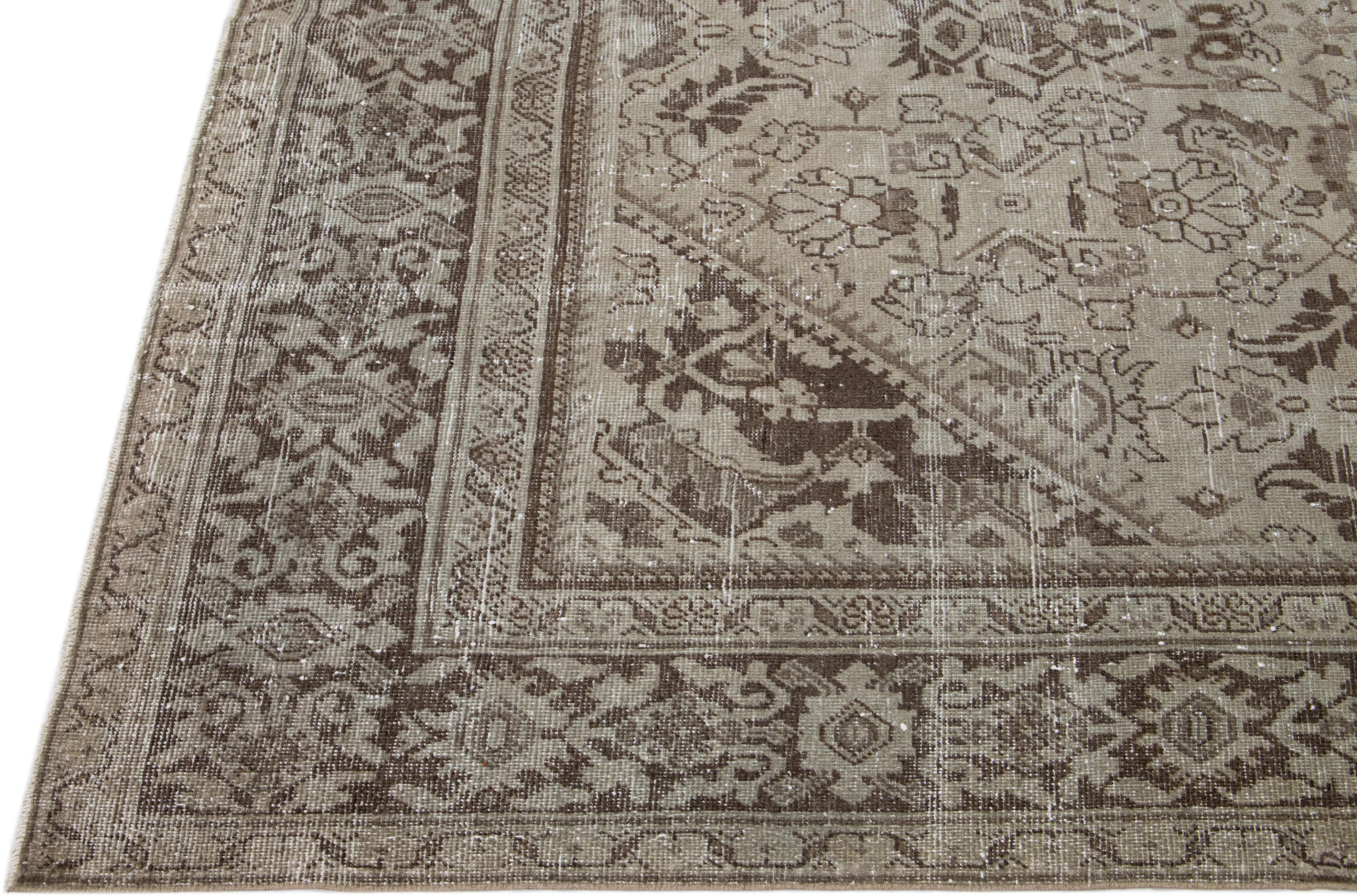 Hand-Knotted Antique Persian Mahal Handmade Beige & Brown Wool Rug with Allover Design For Sale
