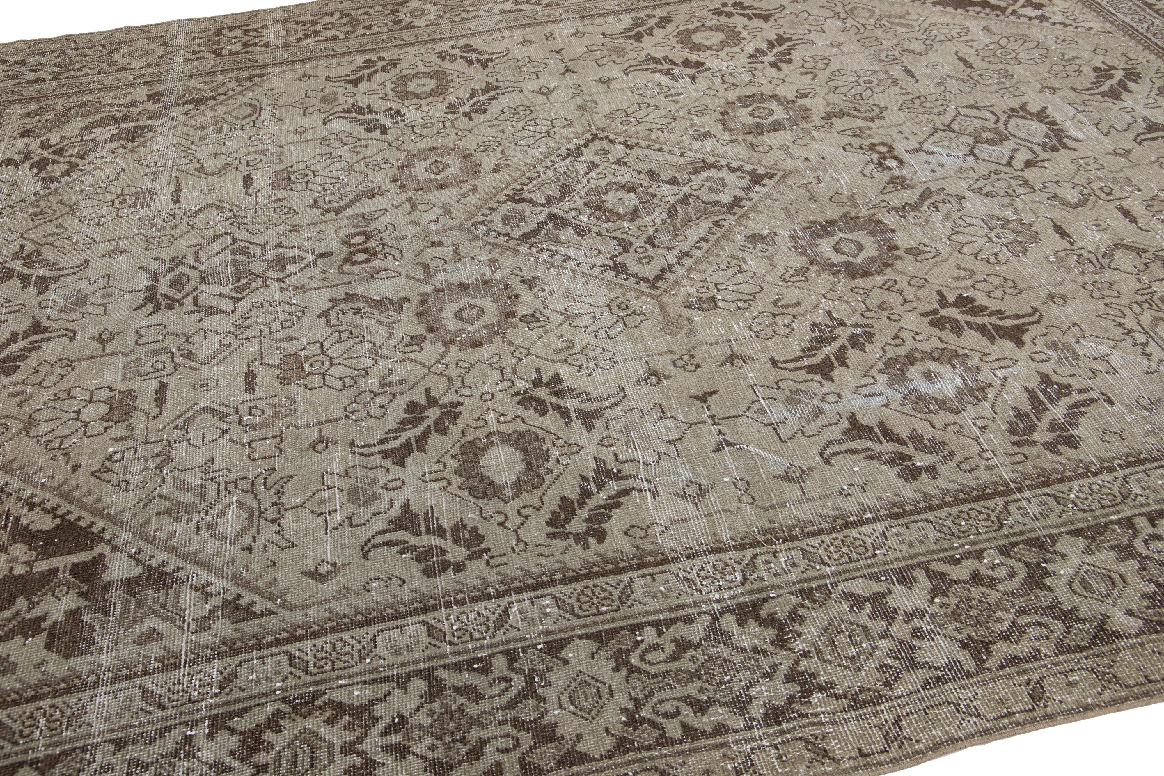 Antique Persian Mahal Handmade Beige & Brown Wool Rug with Allover Design In Good Condition For Sale In Norwalk, CT