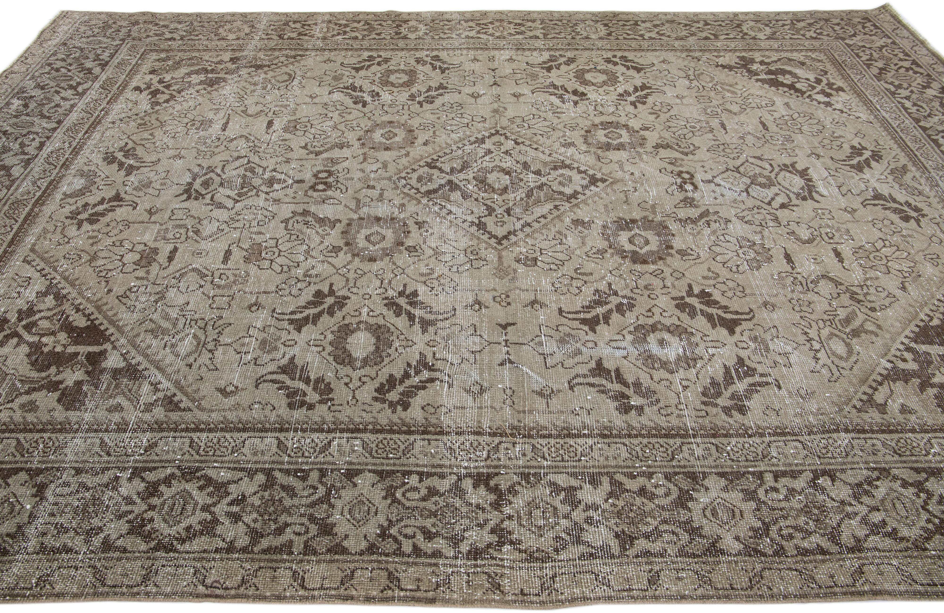 20th Century Antique Persian Mahal Handmade Beige & Brown Wool Rug with Allover Design For Sale