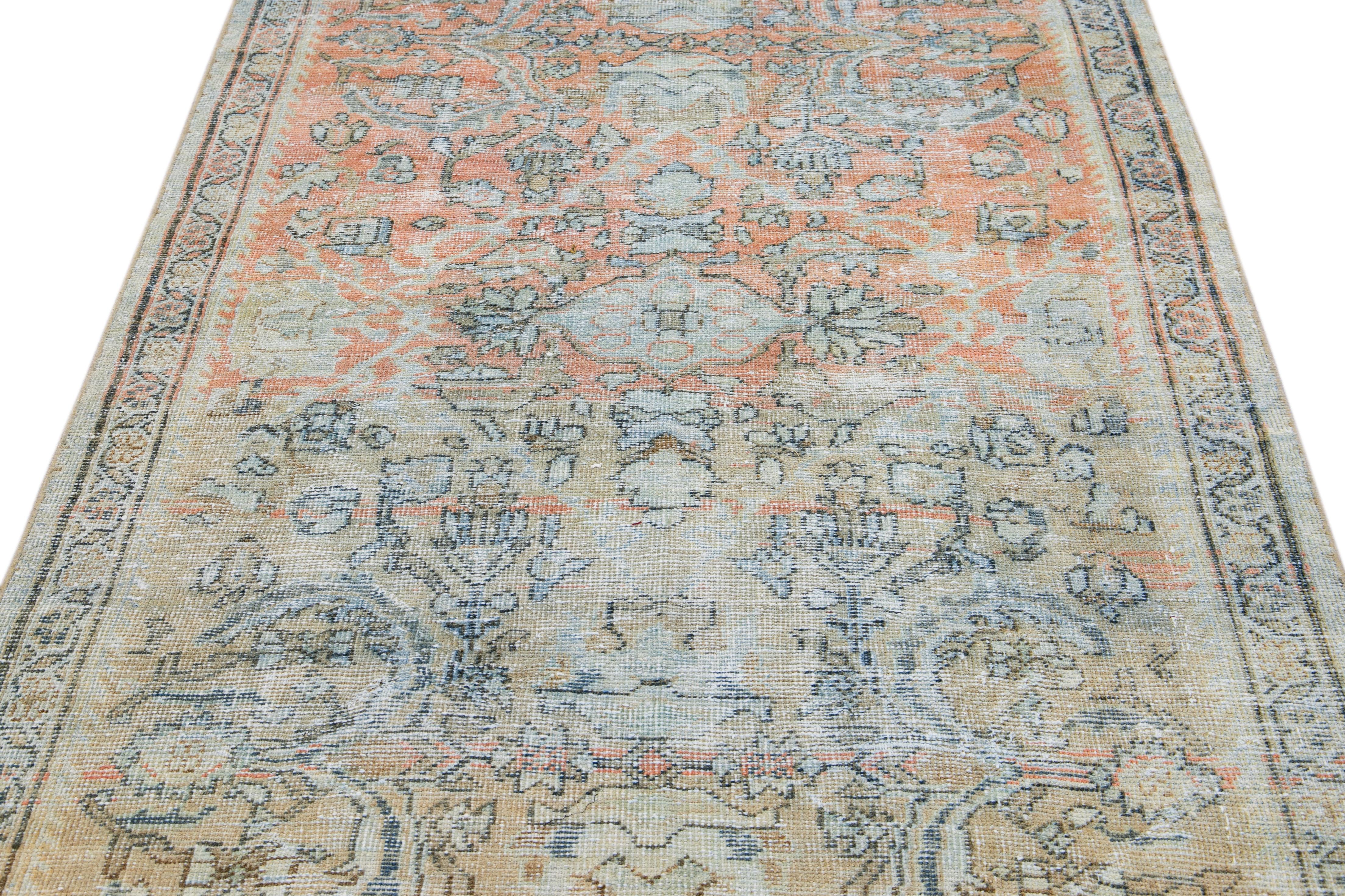 Islamic Antique Persian Mahal Handmade Floral Beige and Orange Wool Rug For Sale