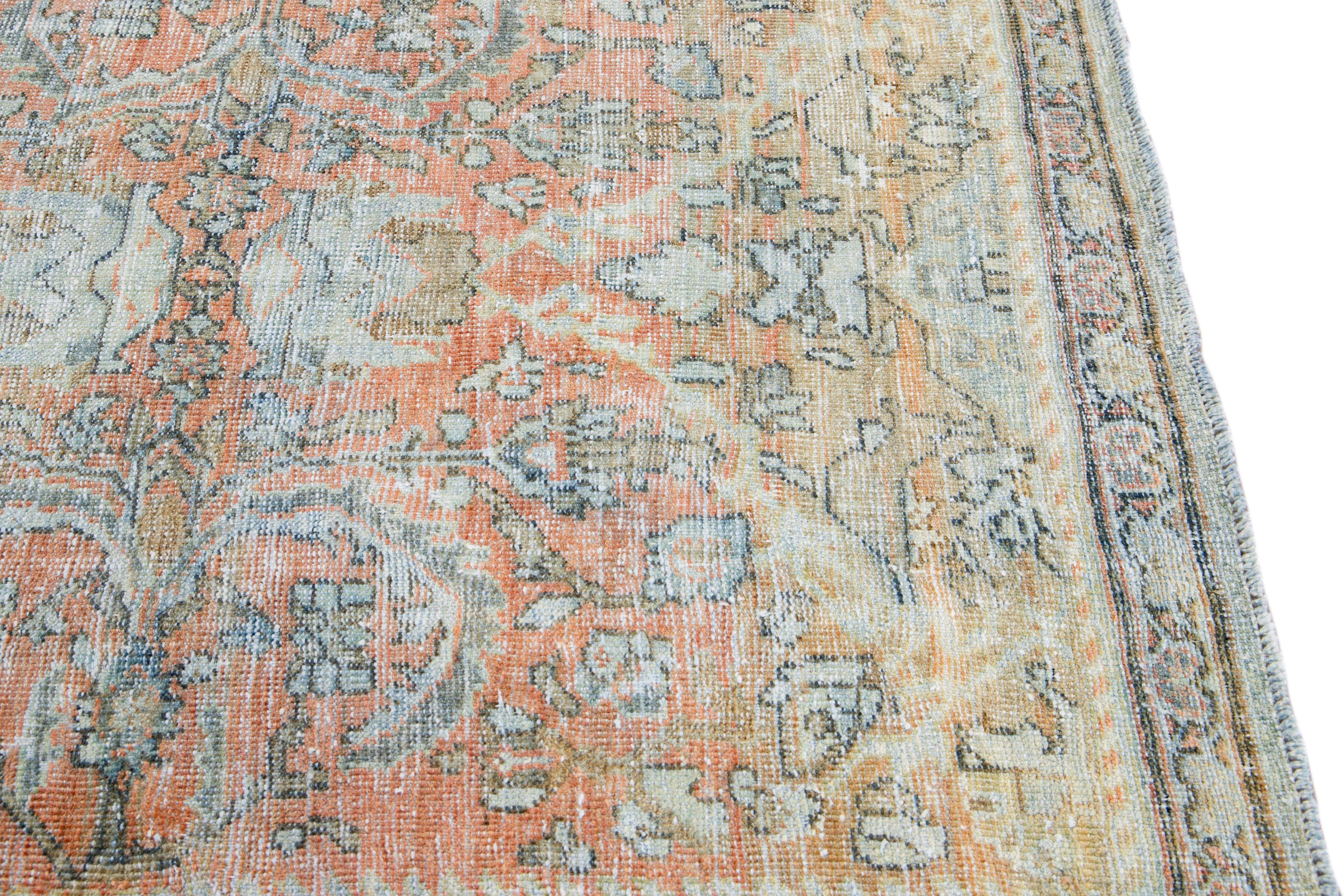 Antique Persian Mahal Handmade Floral Beige and Orange Wool Rug For Sale 3
