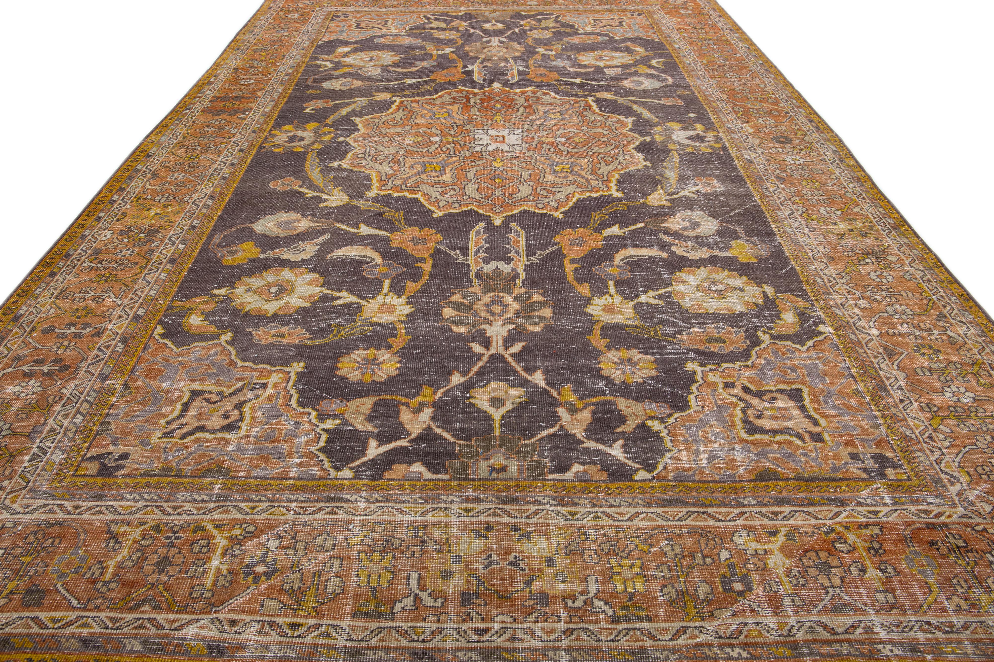 Islamic Antique Persian Mahal  Handmade Grey & Orange Wool Rug with Medallion Design For Sale