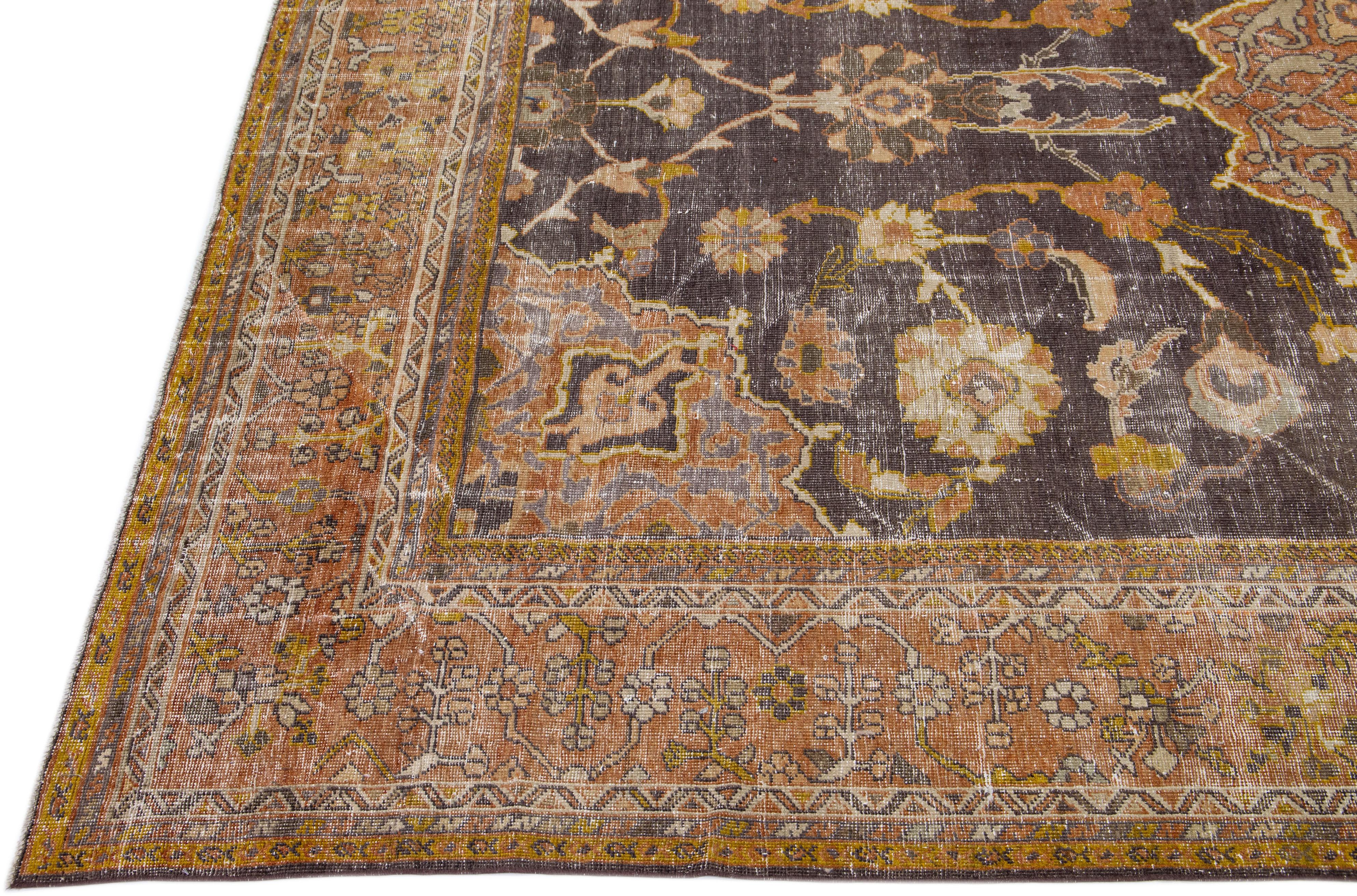 Hand-Knotted Antique Persian Mahal  Handmade Grey & Orange Wool Rug with Medallion Design For Sale