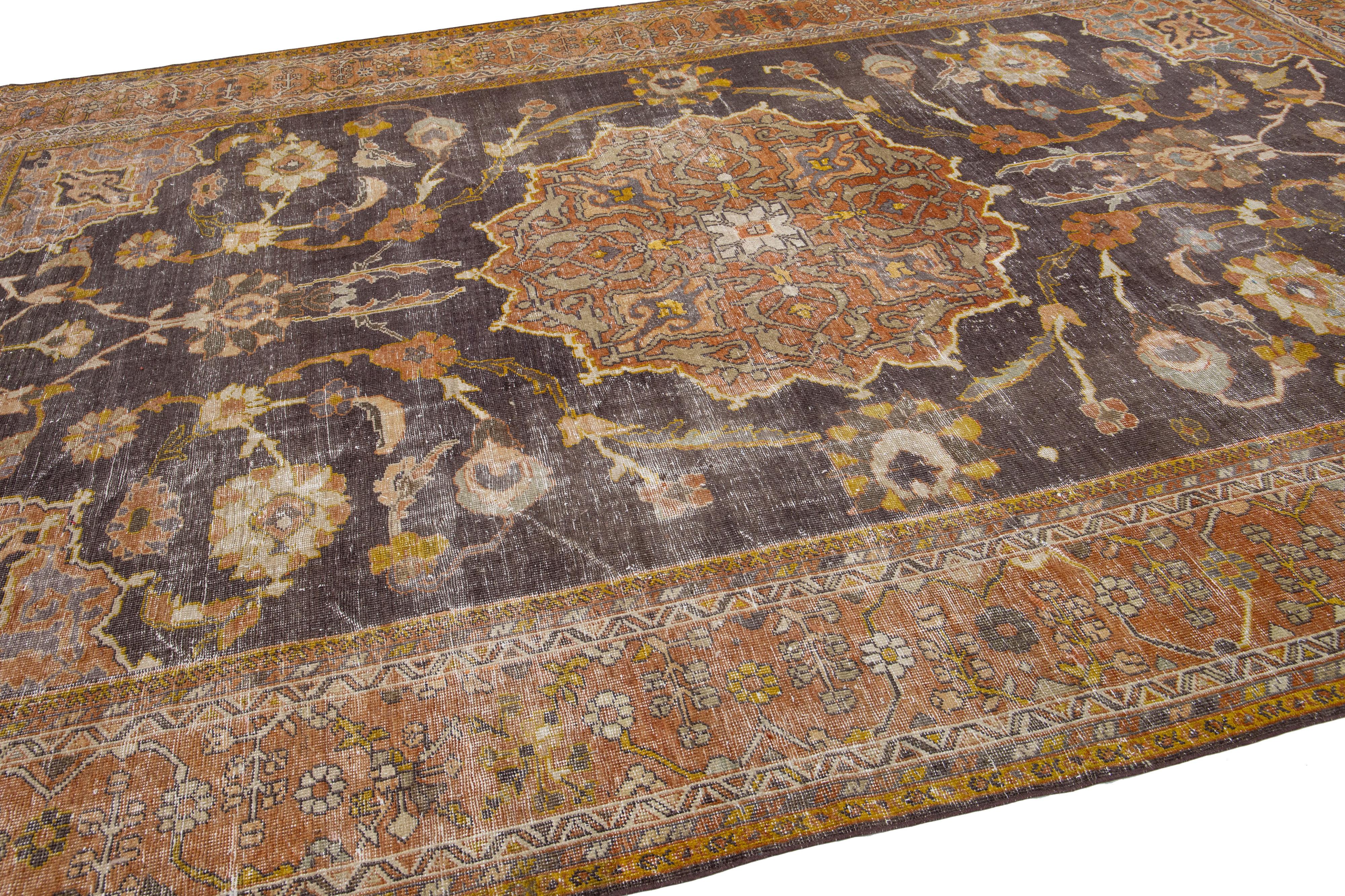 20th Century Antique Persian Mahal  Handmade Grey & Orange Wool Rug with Medallion Design For Sale