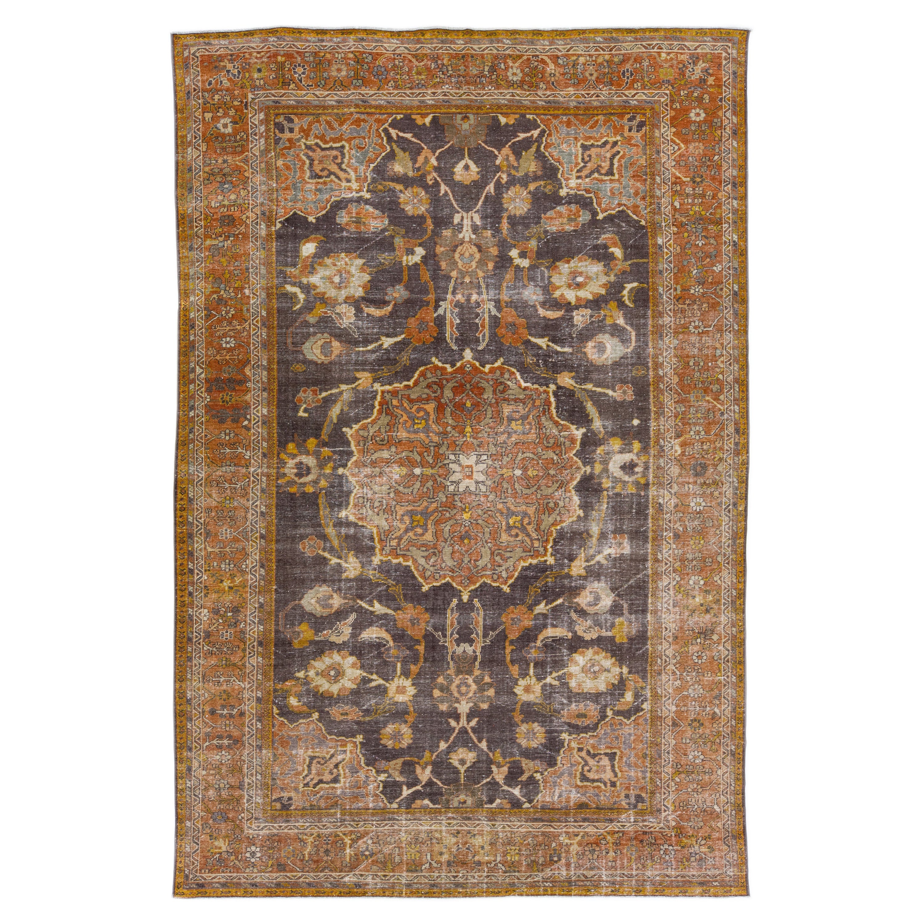 Ancien Mahal persan  Tapis en laine gris et orange fait à la main avec motif de médaillon en vente