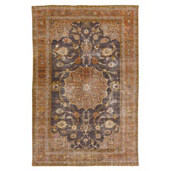 Ancien Mahal persan  Tapis en laine gris et orange fait à la main avec motif de médaillon