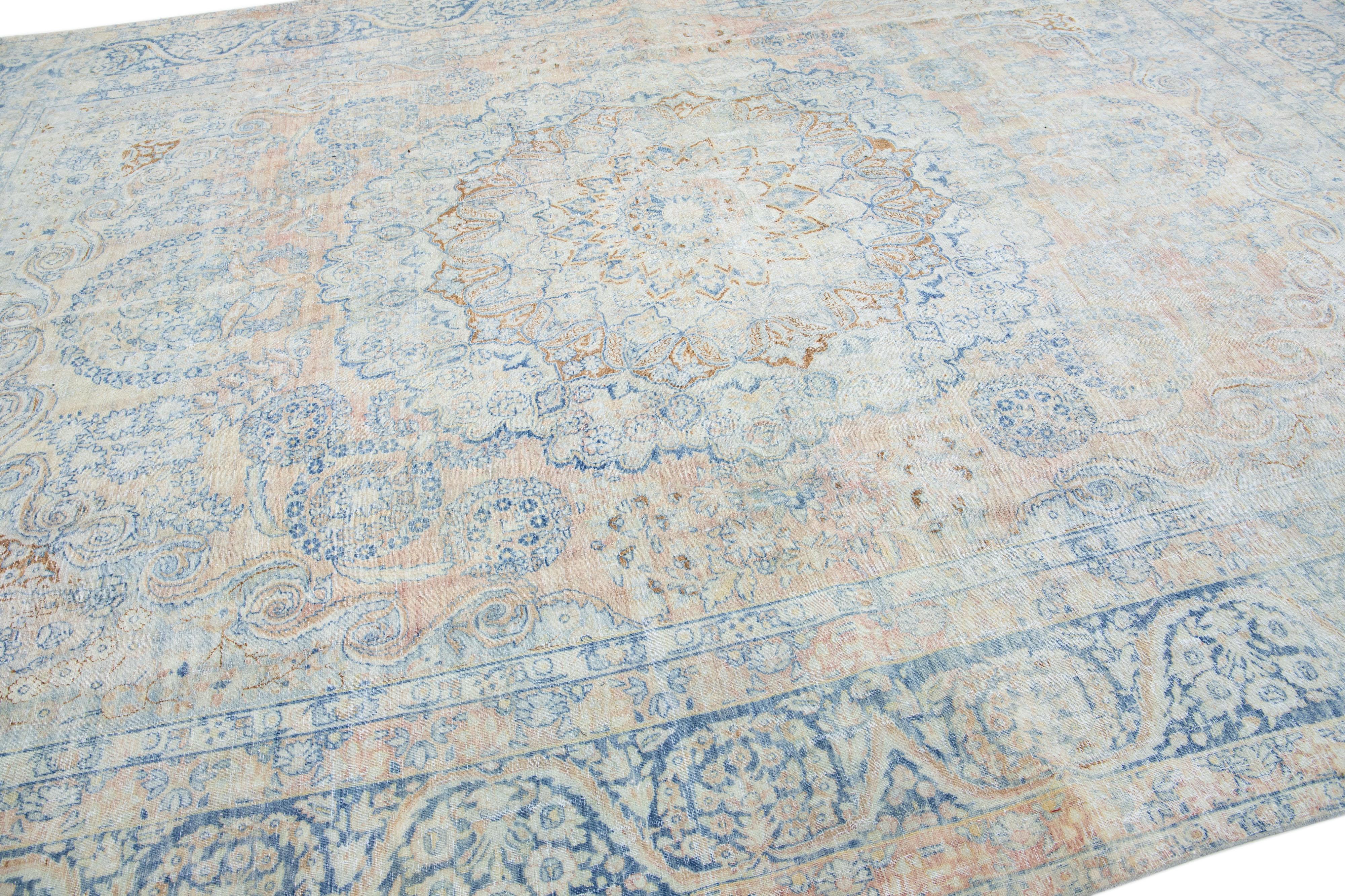 Hand-Knotted Antique Persian Mahal Handmade Peach Wool Rug with Rosette Design For Sale