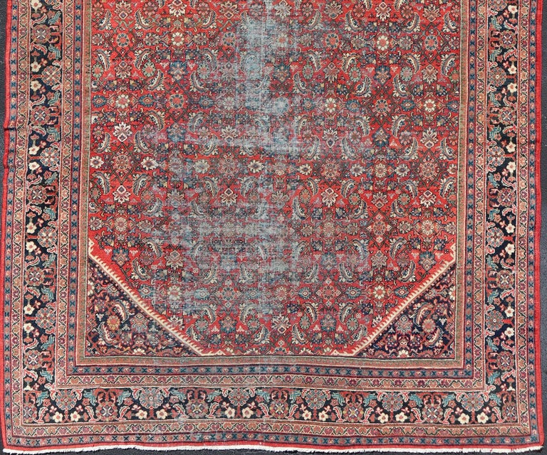 Antique Persian Mahal Long Rug with Red Background, Blue, Green and ...