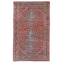 Antique Persian Mahal Long Rug with Red Background, Blue, Green and Ivory
