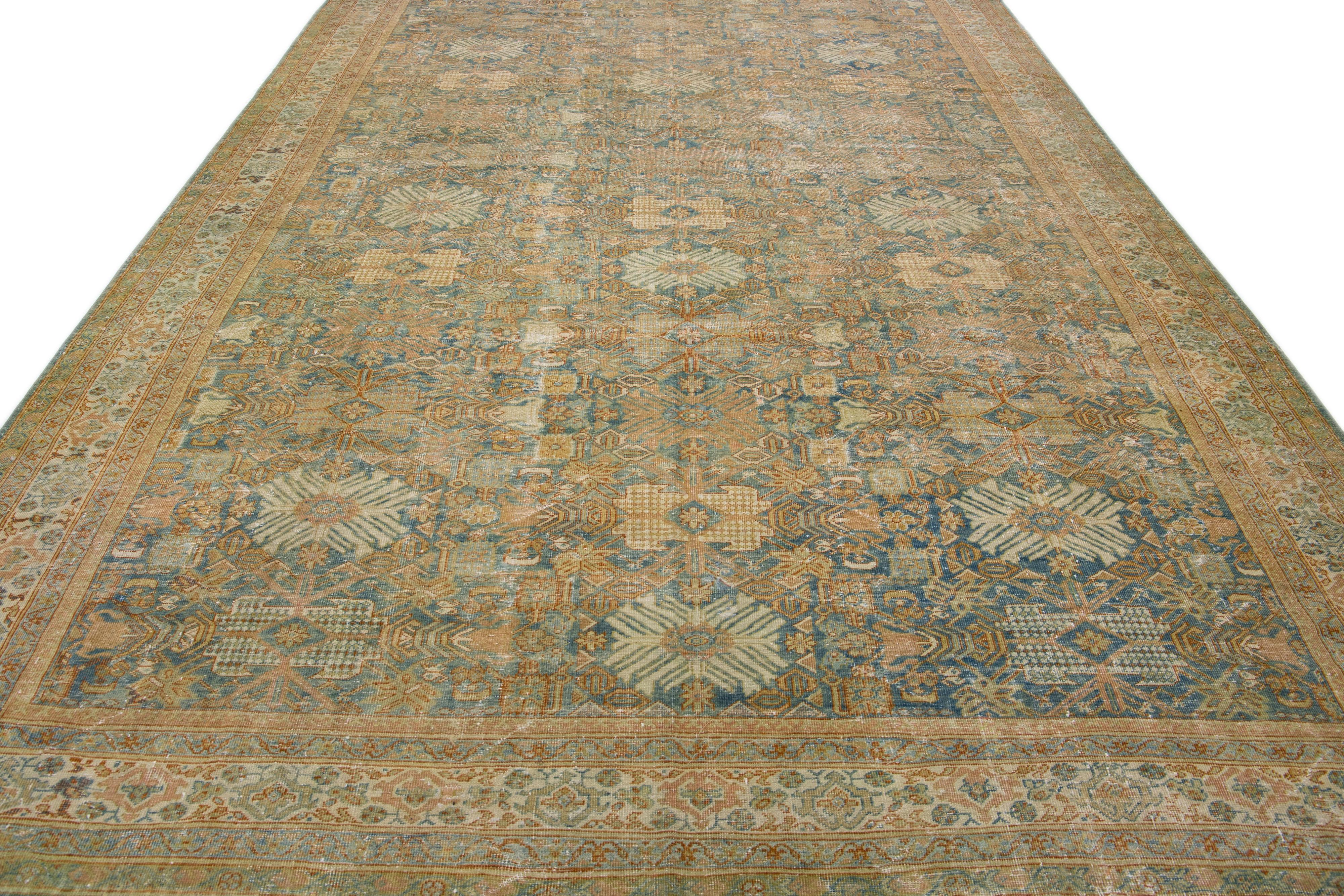 Islamic Antique Persian Mahal Orange & Blue Handmade Wool Rug with Floral Design For Sale