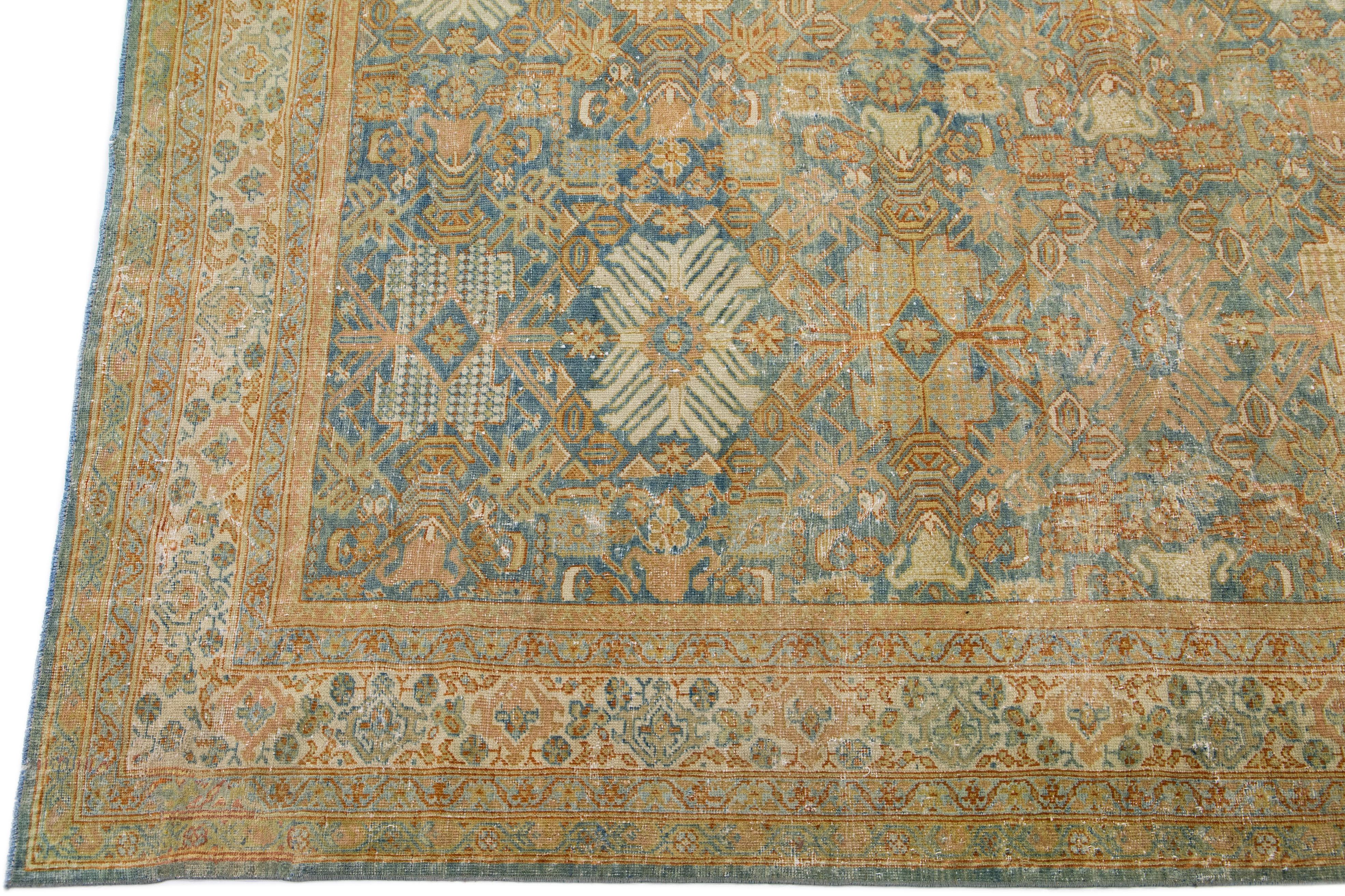 Hand-Knotted Antique Persian Mahal Orange & Blue Handmade Wool Rug with Floral Design For Sale